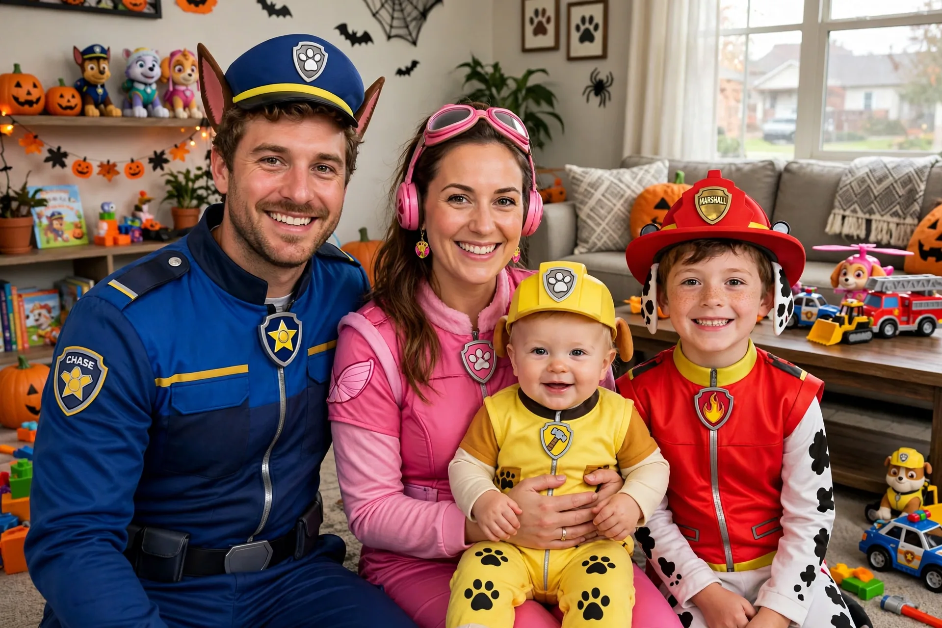 A family of four in Paw Patrol Halloween costumes with a baby dressed as Rubble
