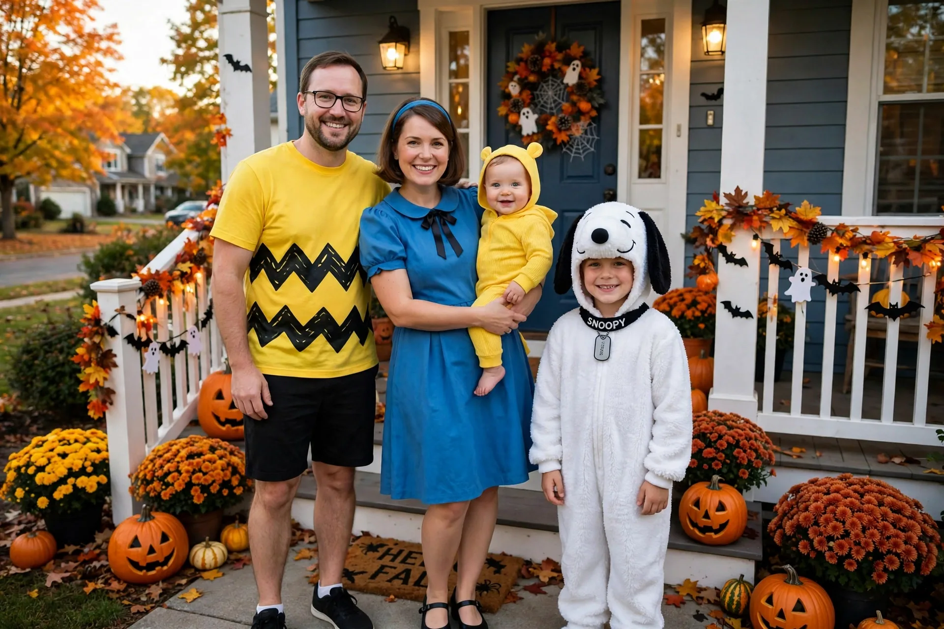 A family of four in Peanuts gang Halloween costumes with a baby in a yellow Woodstock onesie