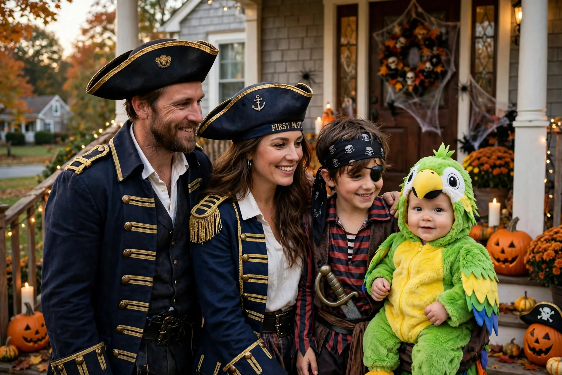 A family of four in pirate Halloween costumes with a baby dressed as a tiny parrot