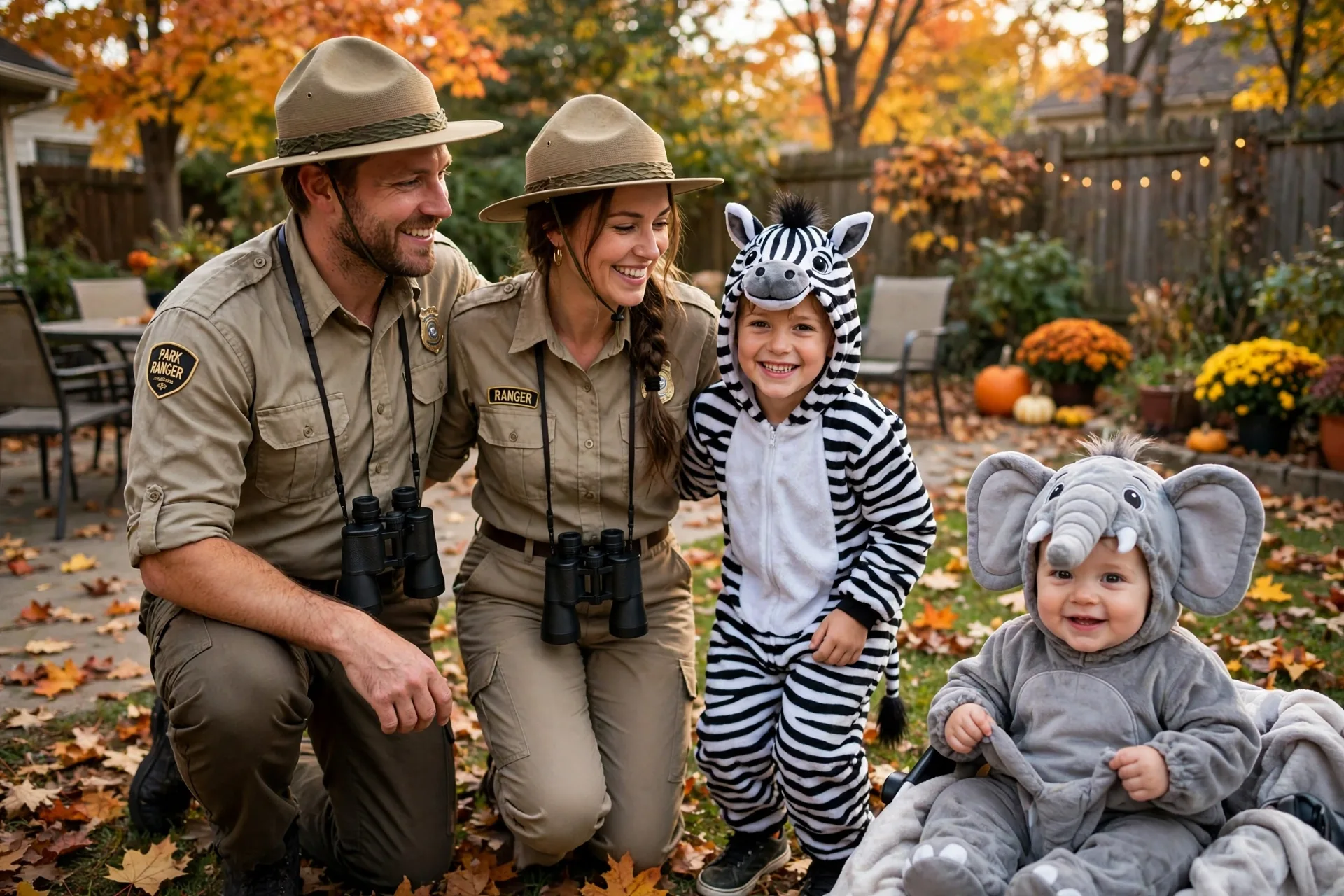 A family of four in safari Halloween costumes with a baby dressed as a gray elephant