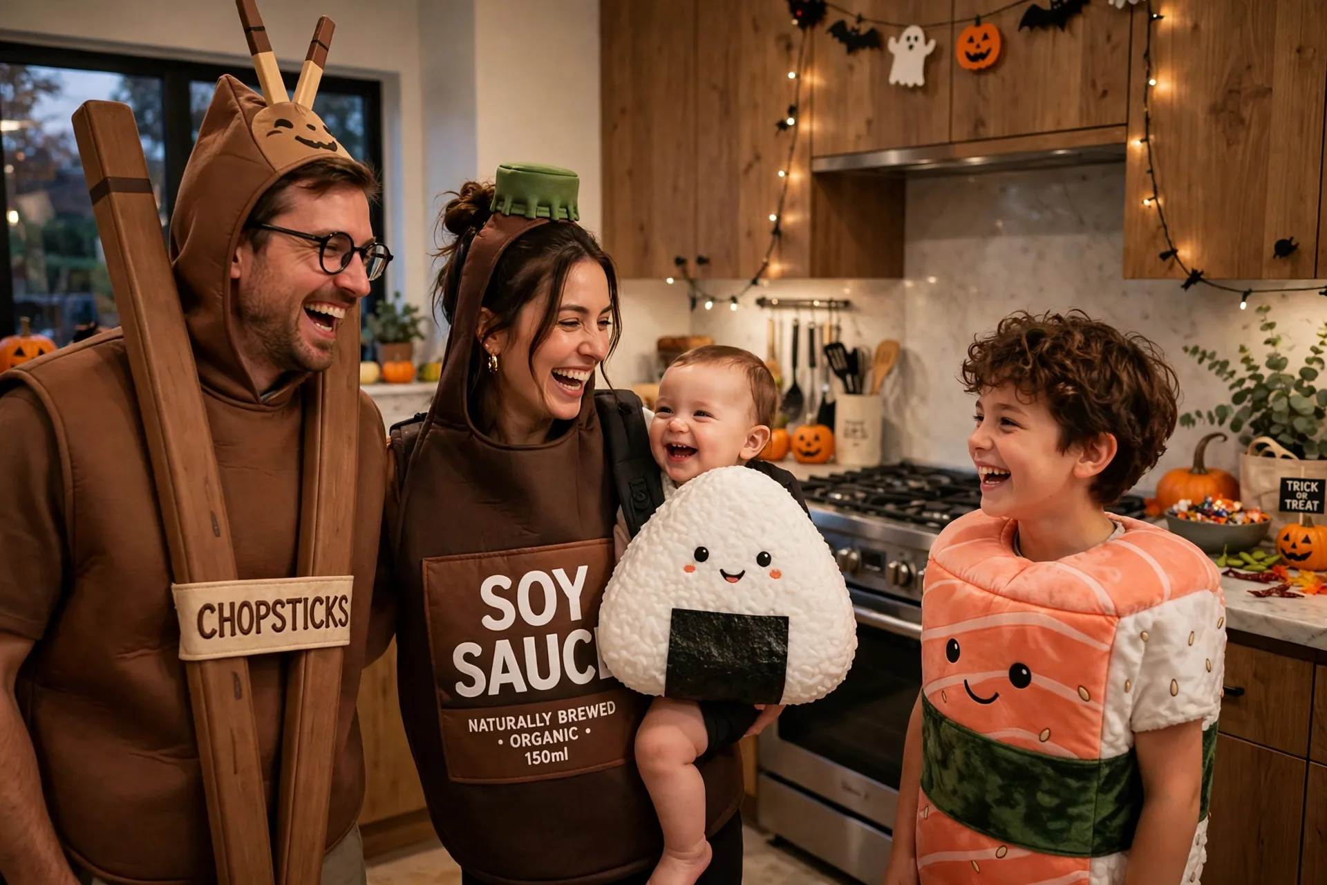 A family of four in funny sushi Halloween costumes with a baby dressed as a white rice ball