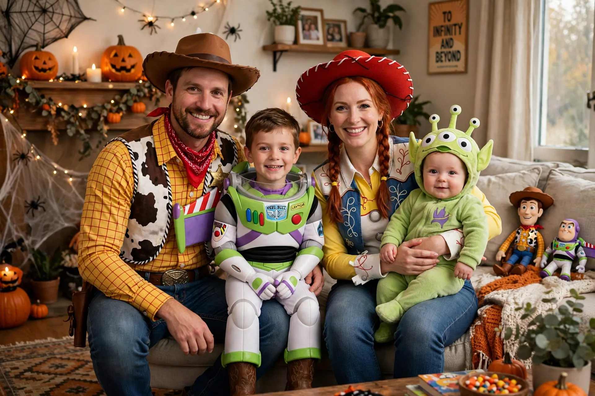 A family of four in Toy Story Halloween costumes with a baby dressed as a little green alien