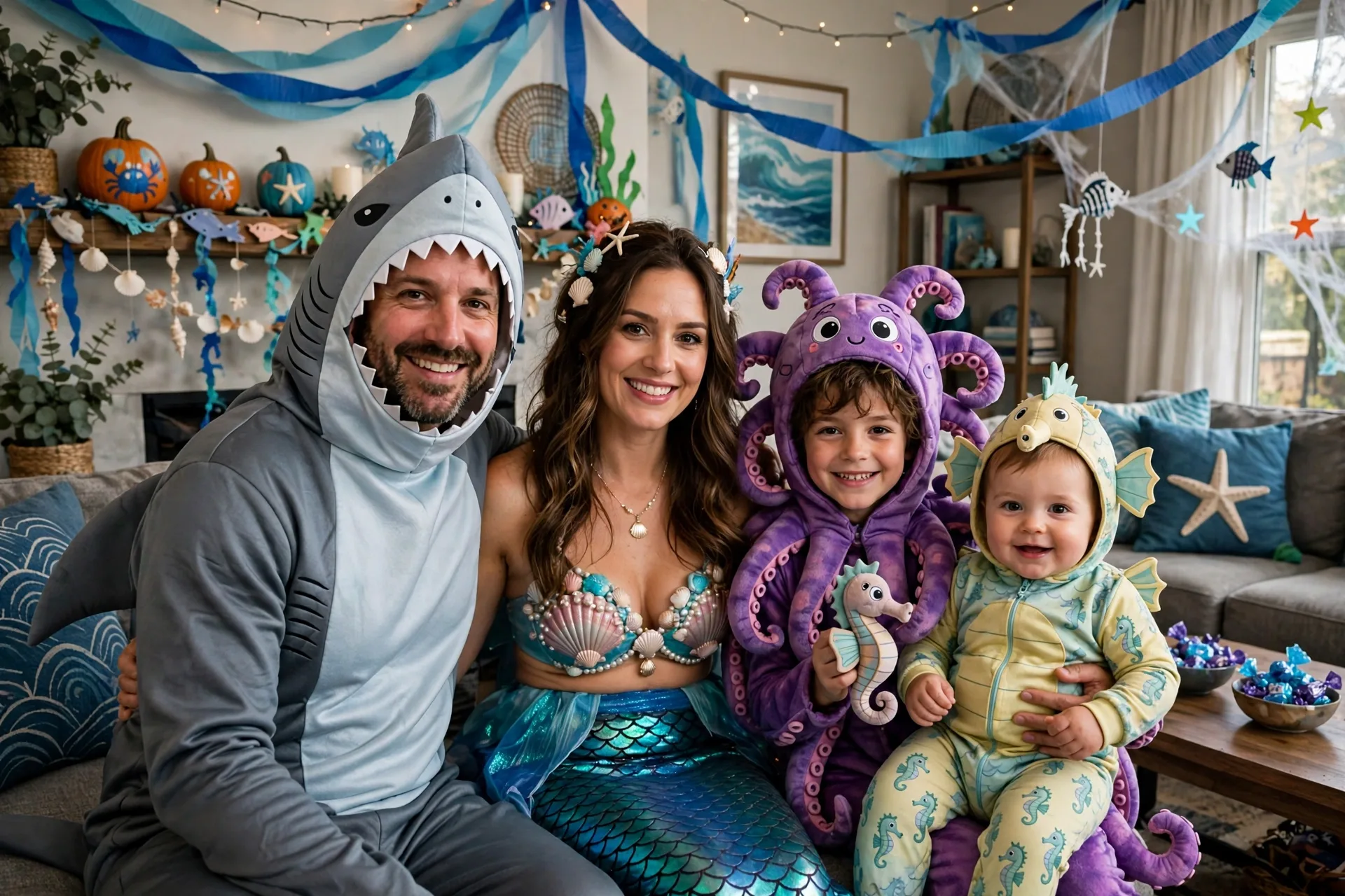 A family of four in under-the-sea Halloween costumes with a baby dressed as a seahorse