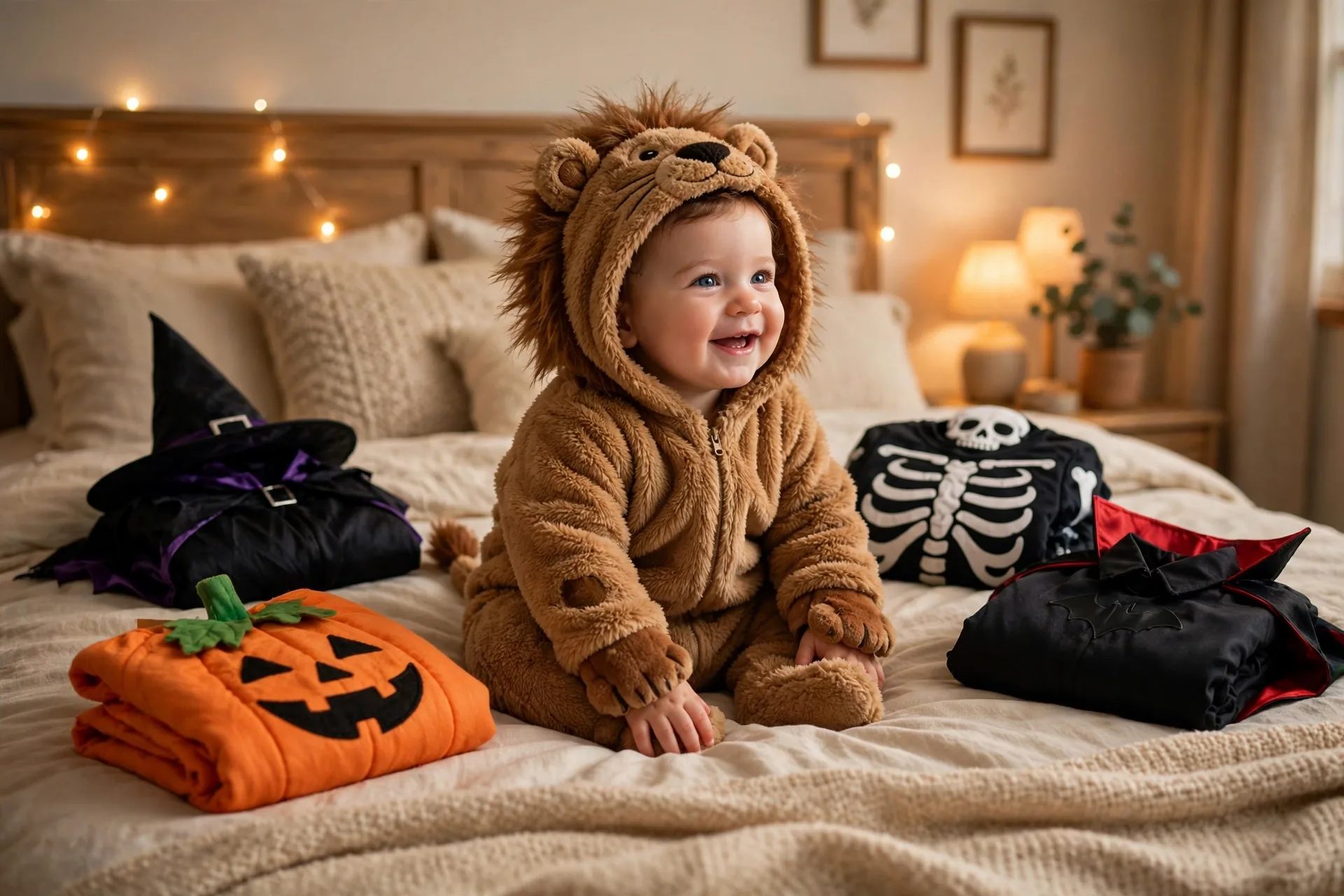 A baby in a soft fuzzy brown lion onesie sitting happily on a bed surrounded by four folded family Halloween costumes