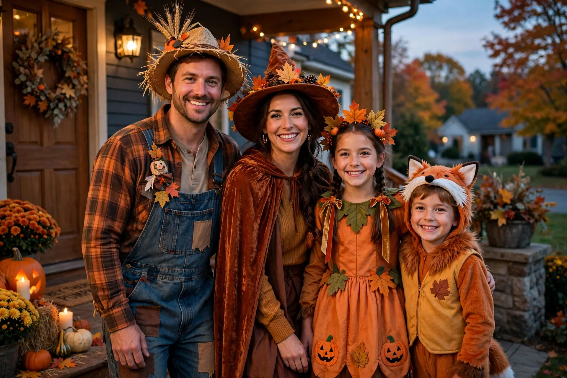 A family of four in coordinated but not identical Halloween costumes in matching autumn colors on a front porch at dusk