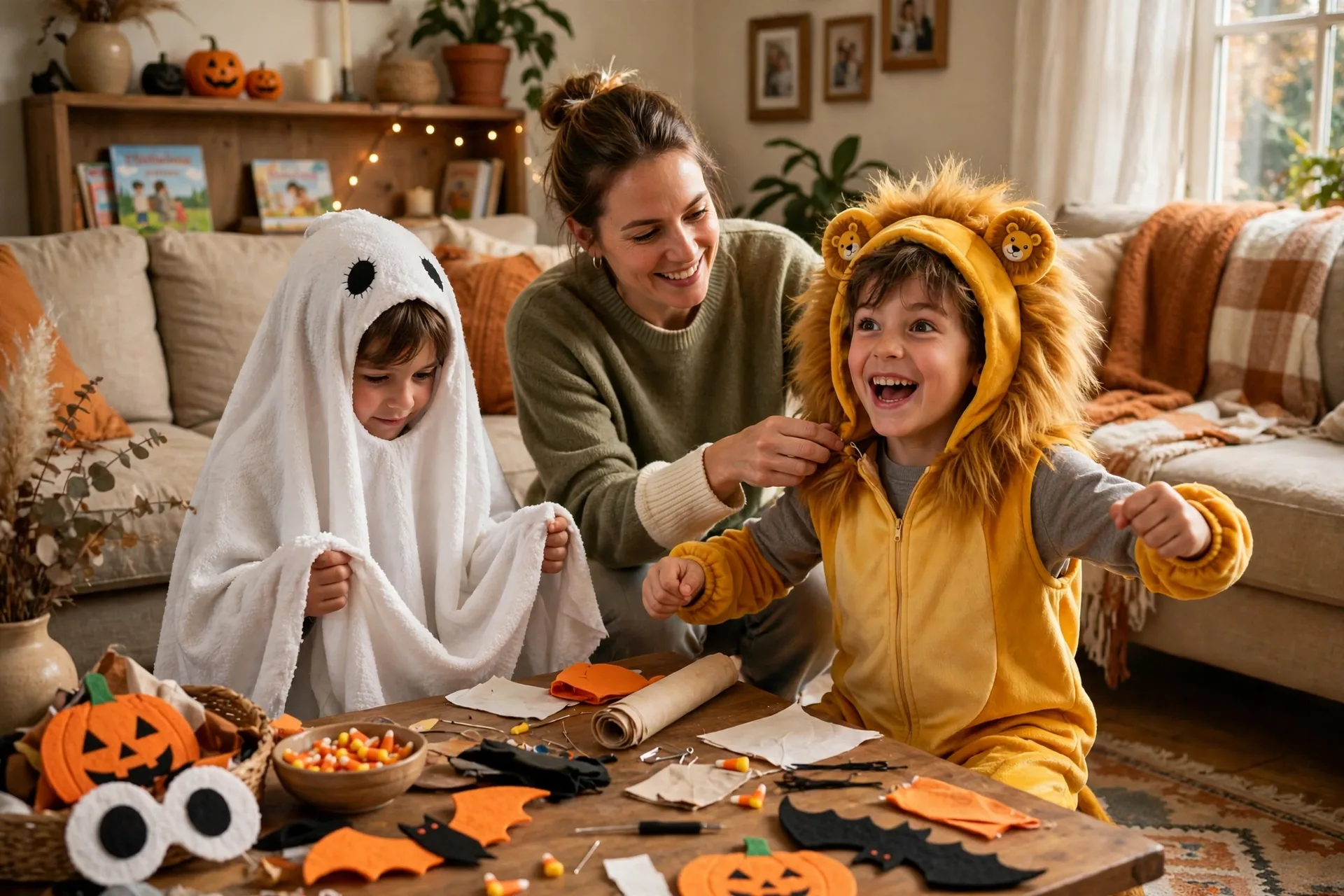 Two young children trying on Halloween costume pieces at home, one shy child in a soft ghost costume and one energetic child in a lion costume