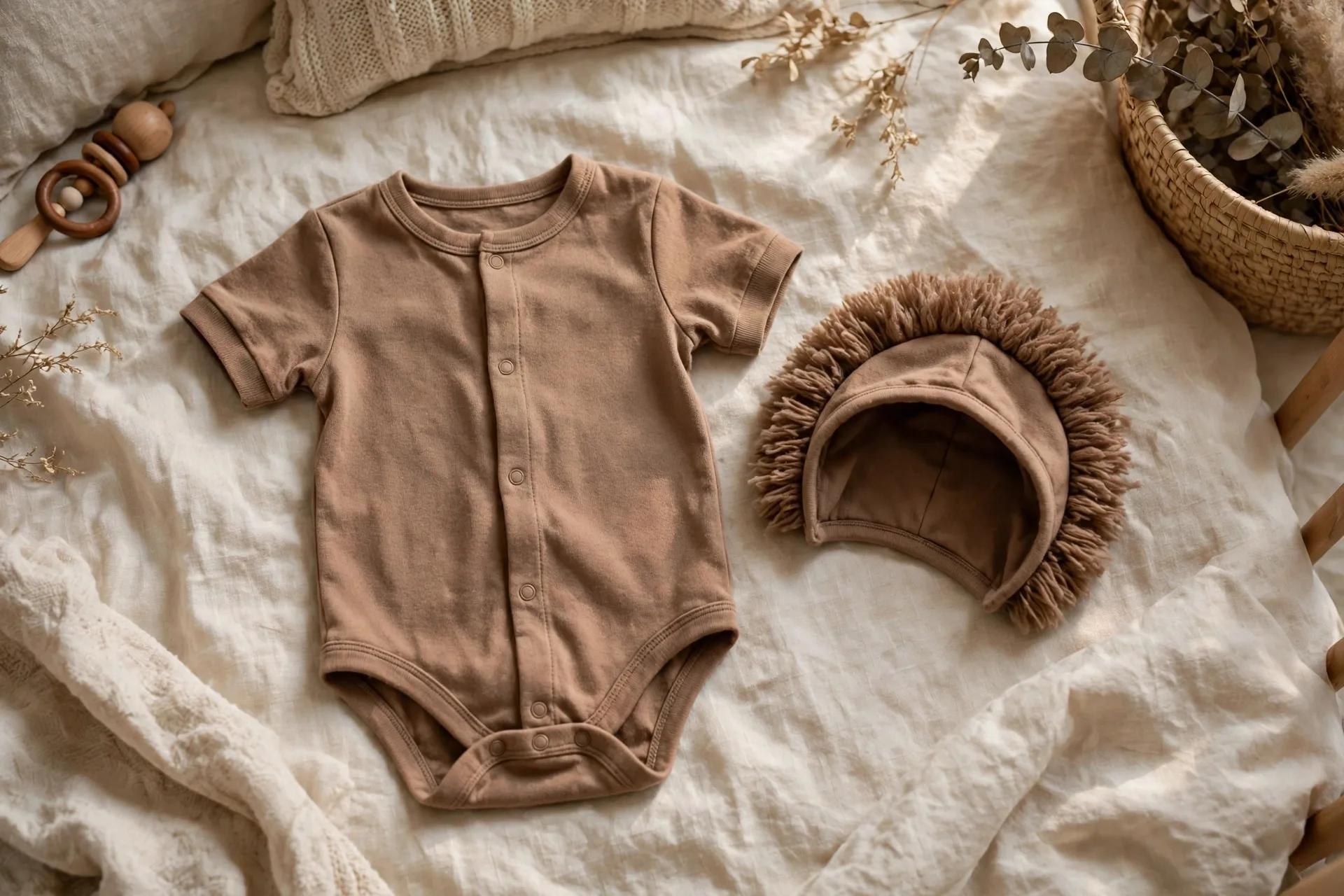 A simple baby Halloween costume laid flat on a bed, a soft brown onesie with a small mane hood beside it