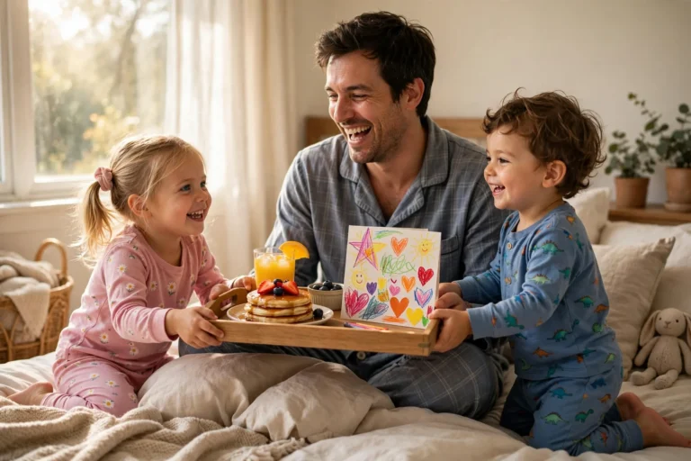 Dad in pajamas laughing in bed as his two young kids present a breakfast tray with pancakes, juice, and a handmade card