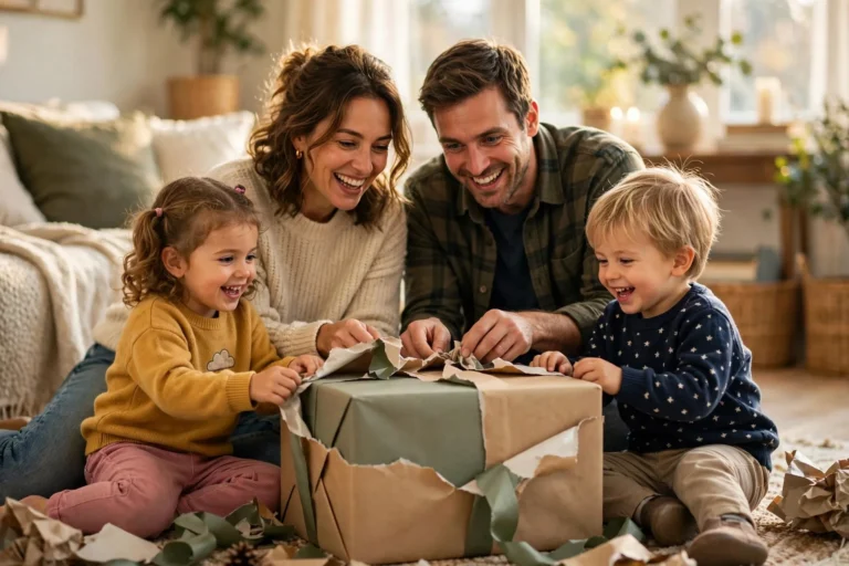 Mom dad and two young kids opening one big wrapped gift together on the living room floor