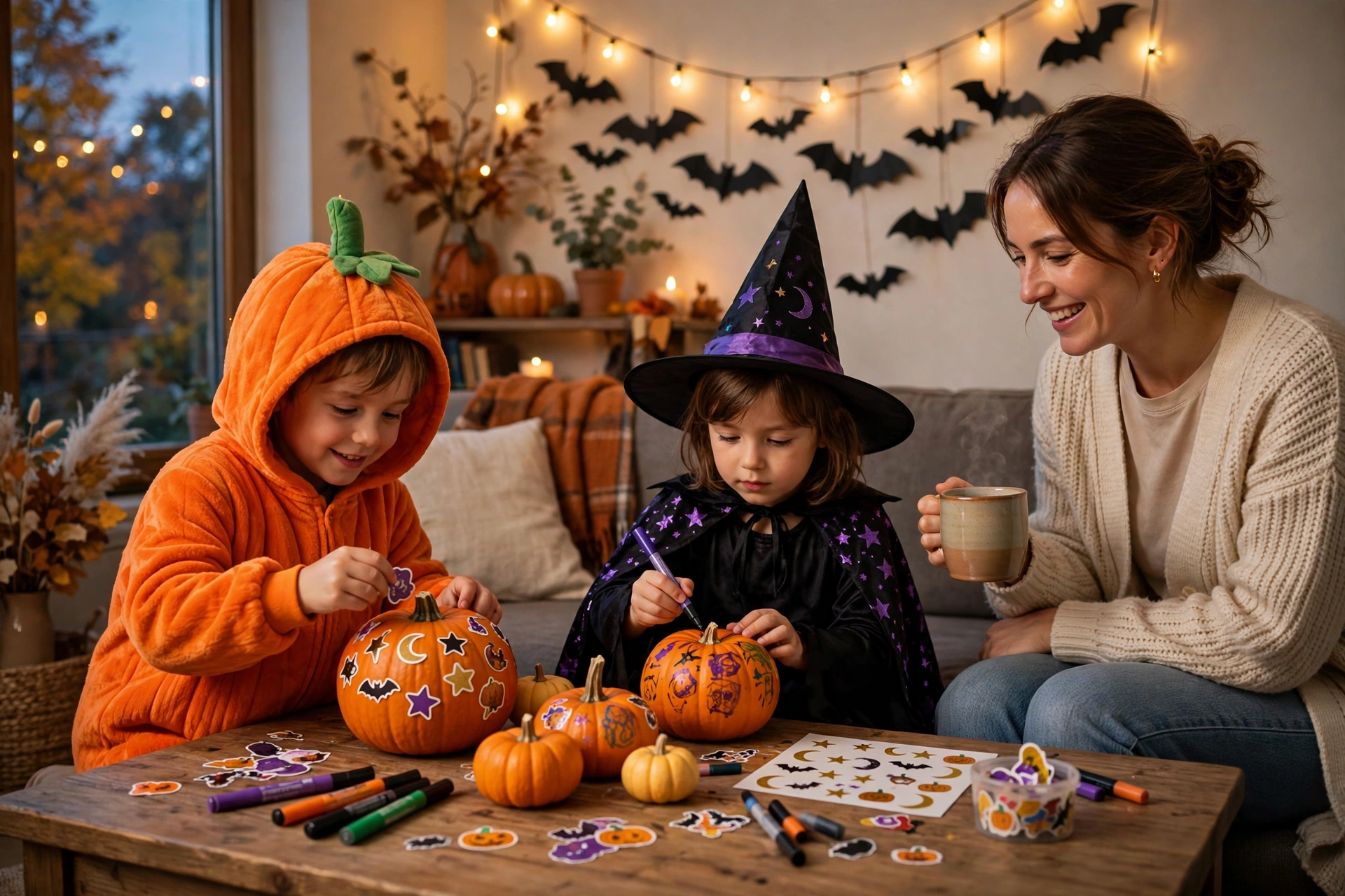 Kids in Halloween costumes decorating pumpkins at home with mom