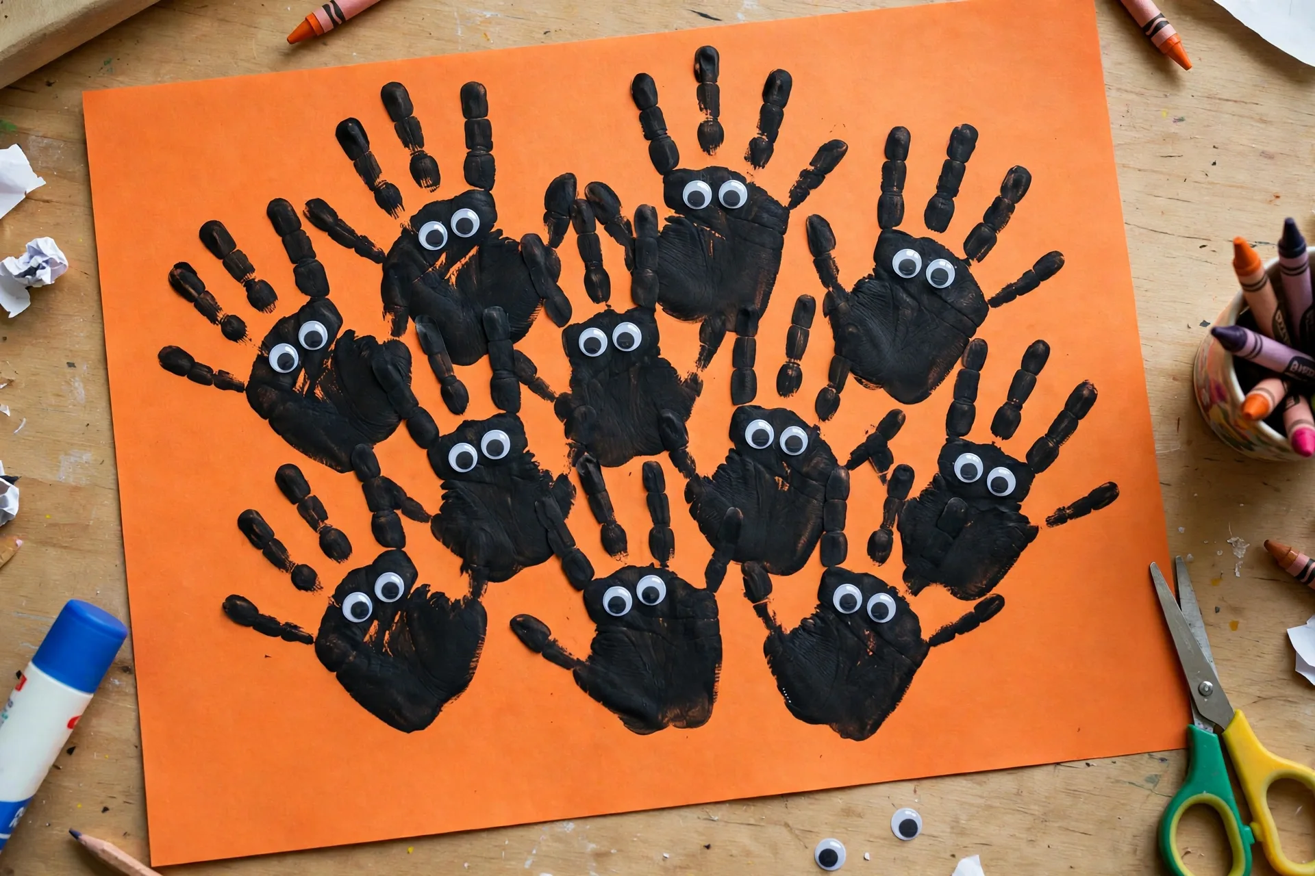 Black handprints forming a colony of bats with googly eyes on orange paper