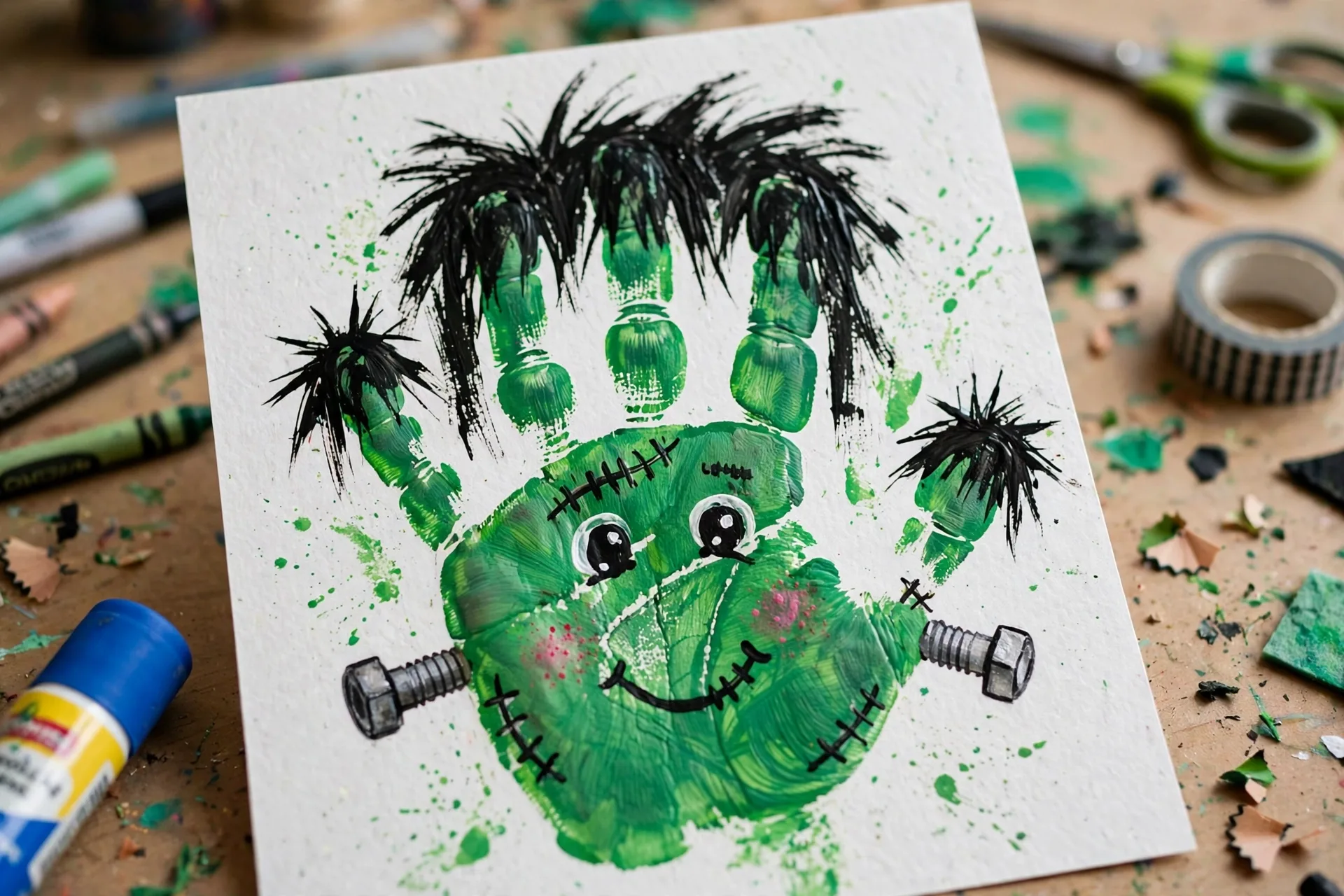 Green handprint turned into Frankenstein's monster with black hair and bolts on paper