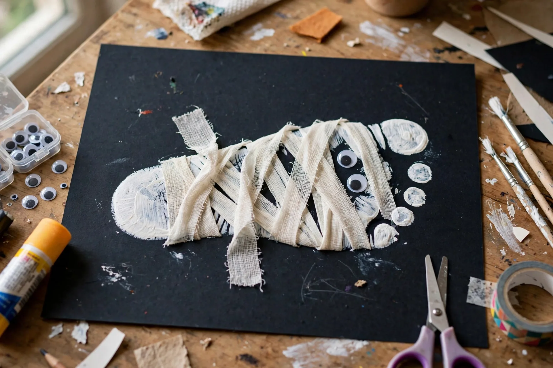 White footprint turned into a friendly mummy with wrapped bandages and googly eyes