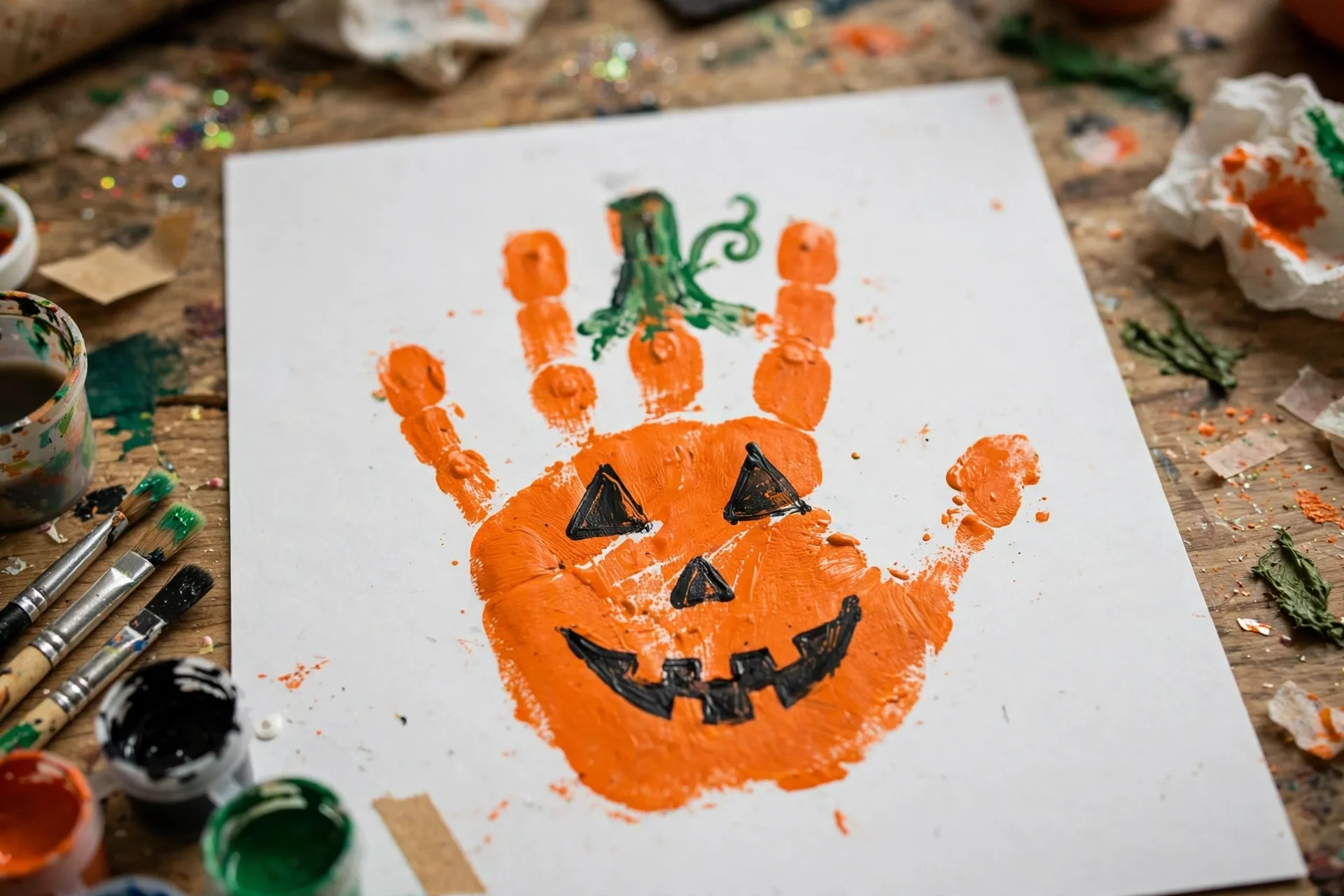 Orange handprint turned into a jack-o-lantern pumpkin face on white paper