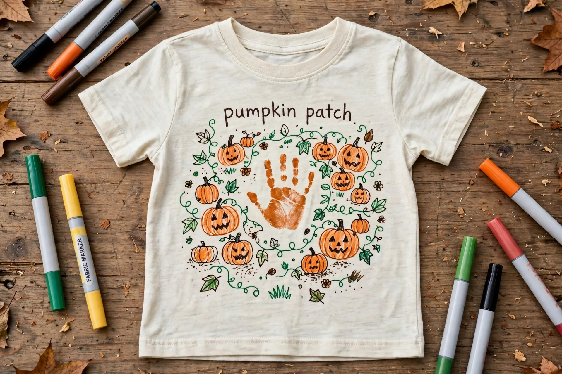 Handprint Halloween tee with a pumpkin patch scene drawn around a child's handprint