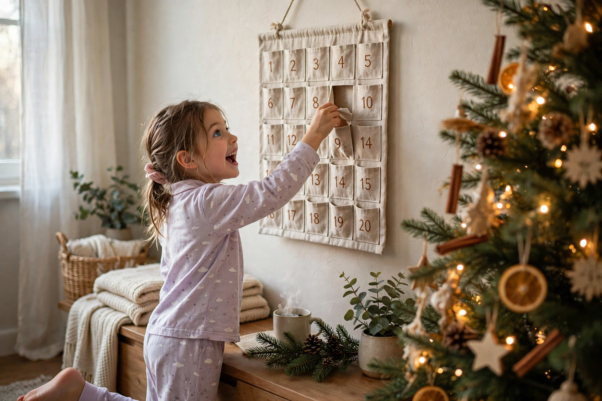 Little girl opening a numbered pocket on a fabric advent calendar next to the Christmas tree