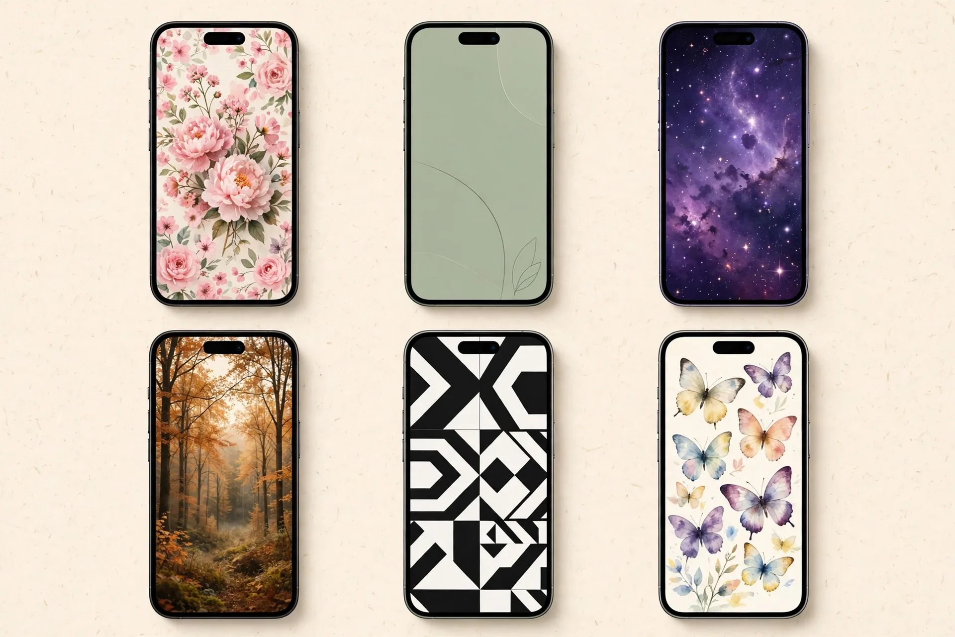 Mood board collage of six iPhone screens showing floral, sage green, galaxy, autumn, geometric and watercolor wallpaper styles