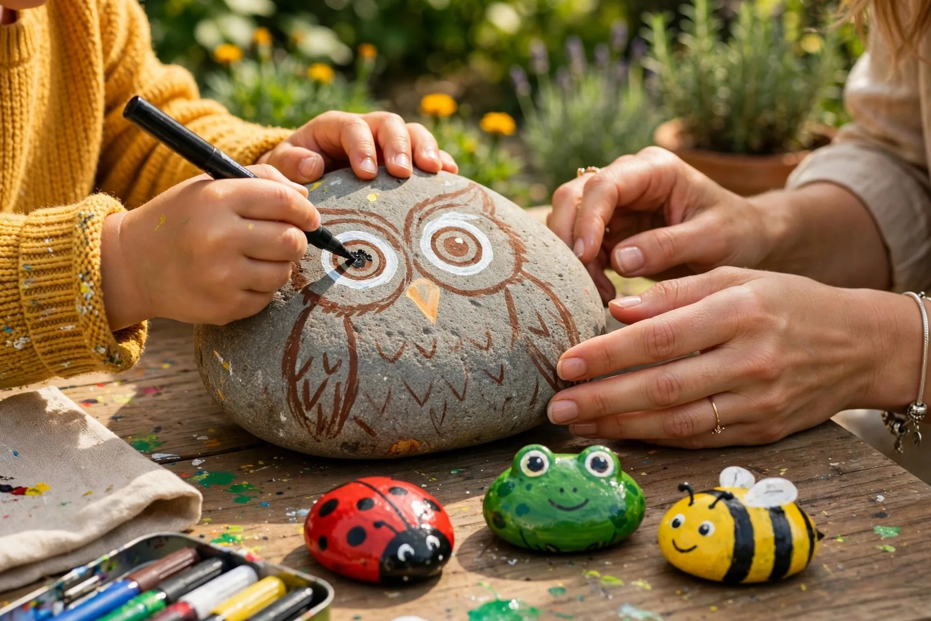 Child painting an owl rock with a paint pen, with finished ladybug, frog and bee rocks beside her