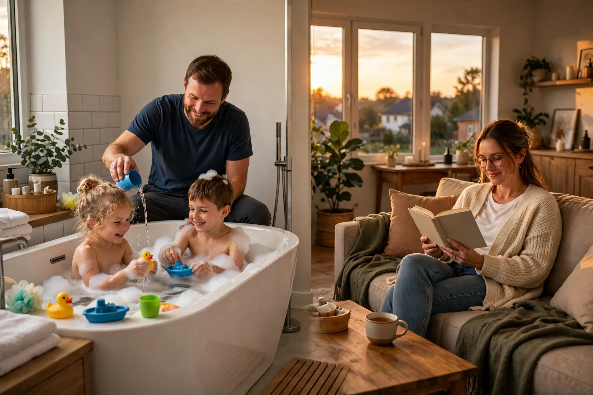 A dad giving two kids a bath while mom relaxes on the couch with a book