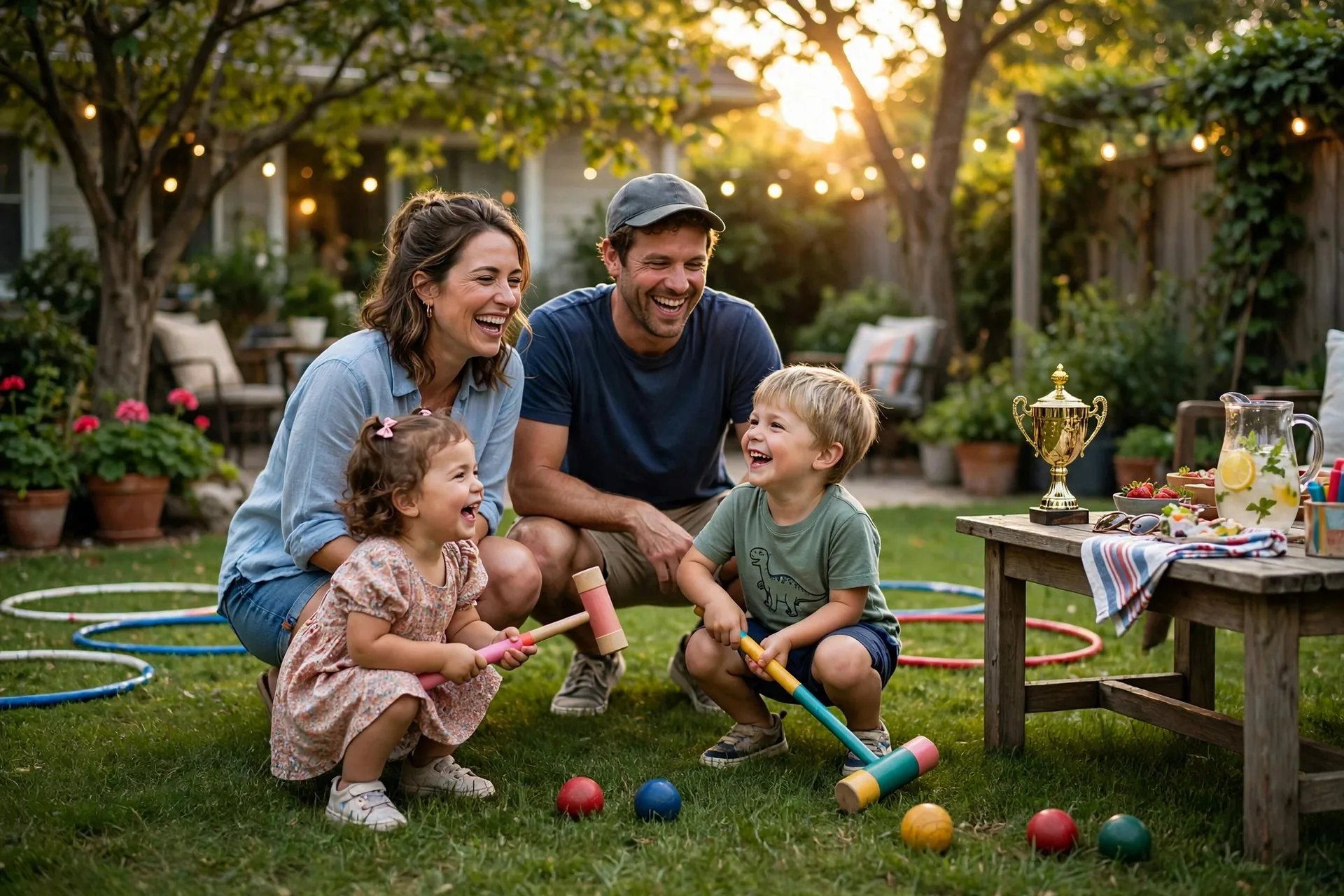 Family playing croquet lawn games in a sunny backyard with a small gold trophy