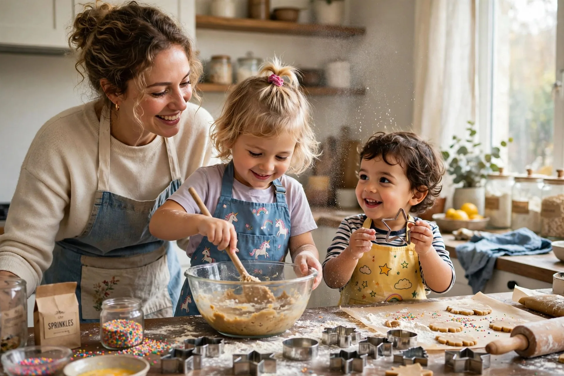 Mom baking cookies with two young kids wearing small colorful aprons in a bright kitchen