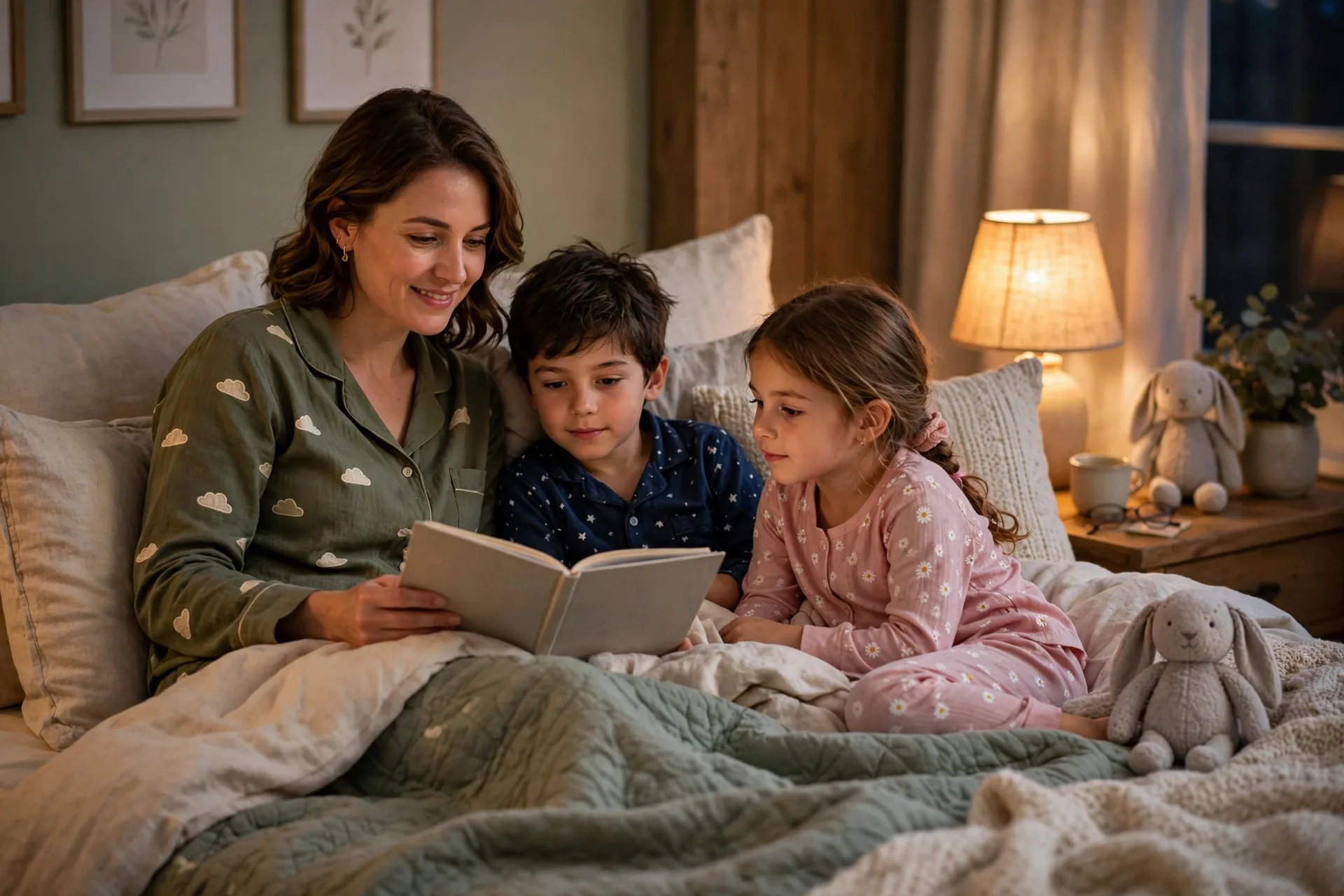 A calm bedtime routine with a mom reading to two kids in pajamas in bed