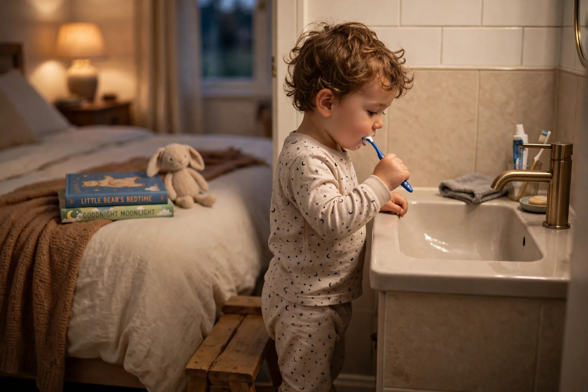 A toddler in pajamas brushing teeth with bedtime books waiting on the bed