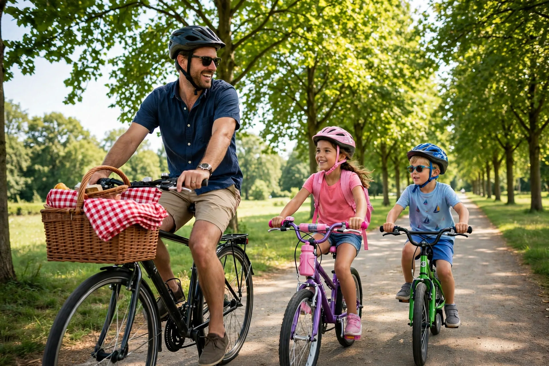 A dad and two kids on bicycles with a picnic basket riding down a sunny tree-lined path
