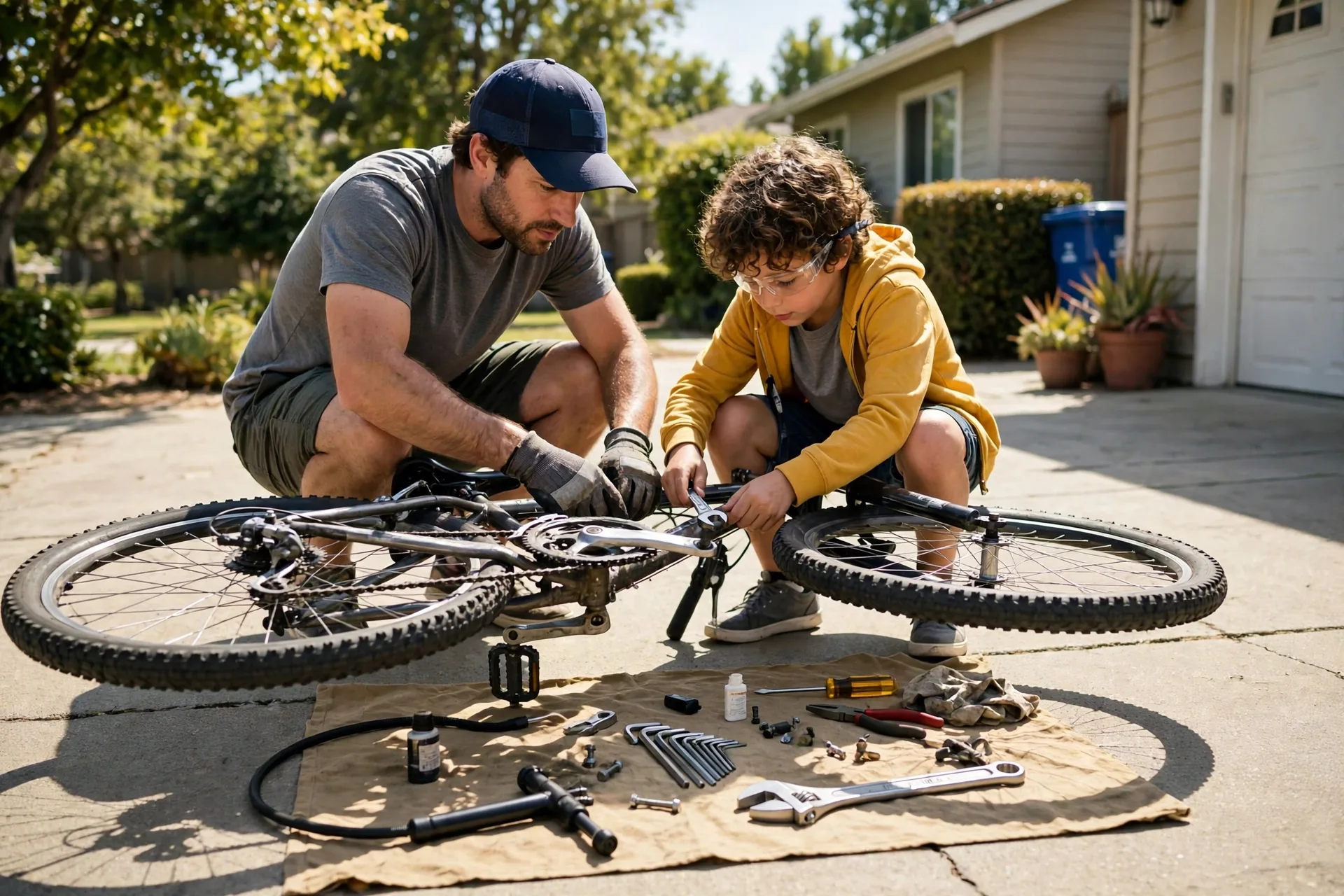 A dad and a child fixing a bicycle together in a driveway, the bike upside down