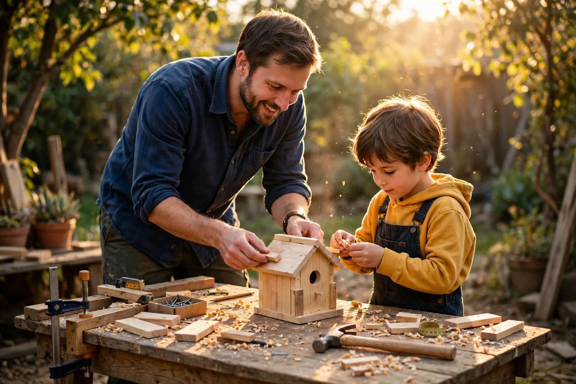 A dad and a child building a small wooden birdhouse together at a workbench