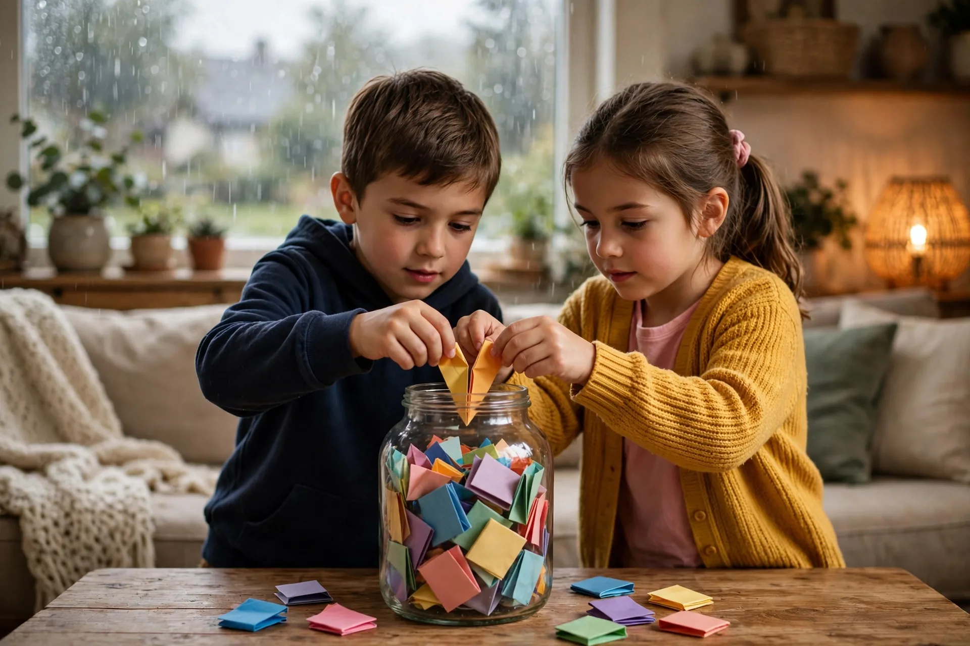 A glass jar full of colorful folded activity slips on a living room table, two kids pulling one out