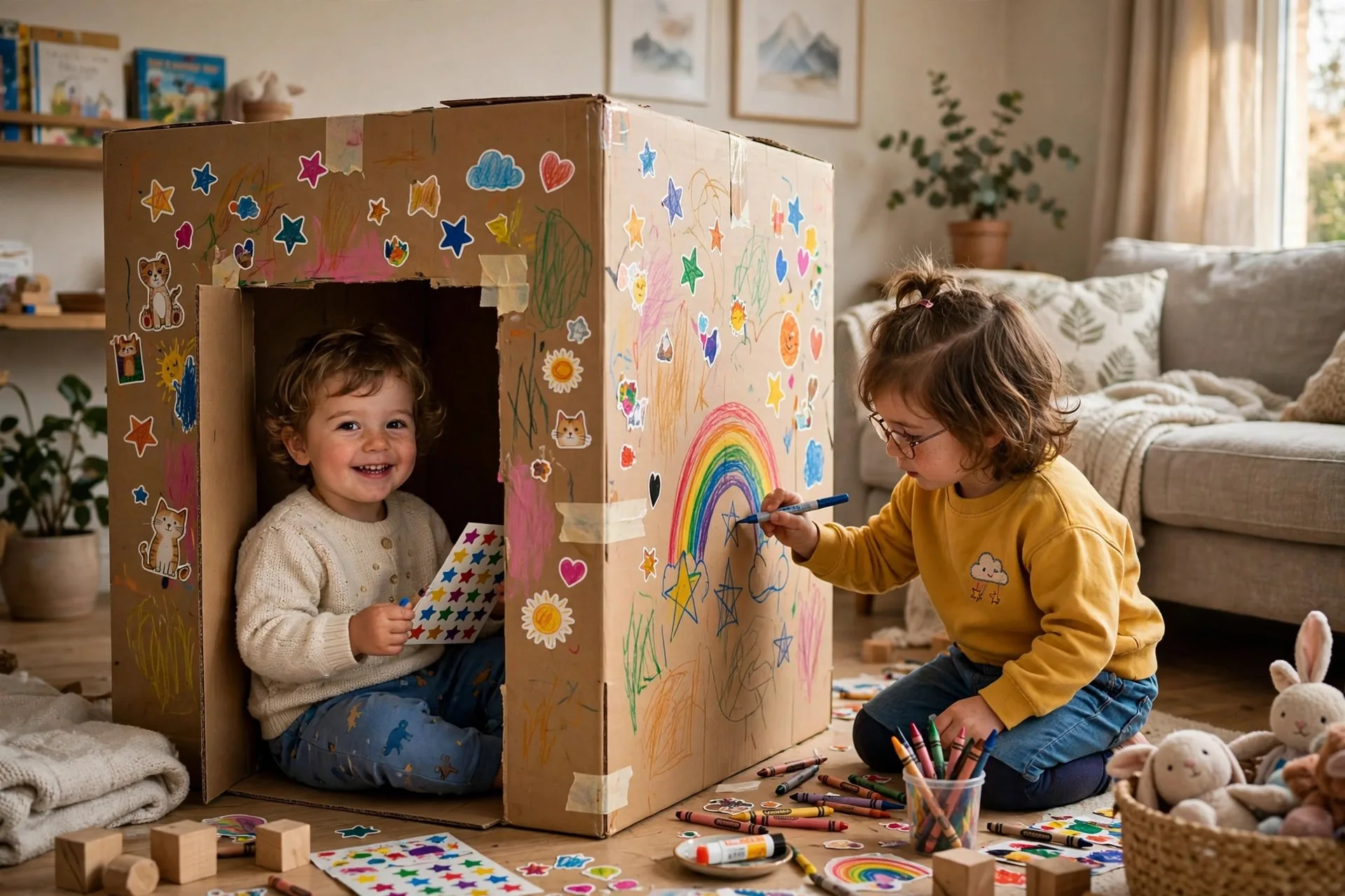 Two young kids decorating a huge cardboard box playhouse with crayons and stickers in the living room