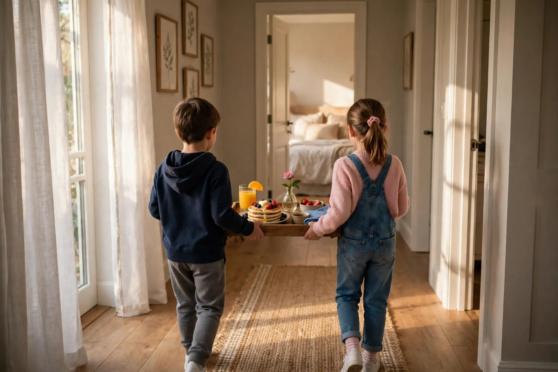 Two kids carrying a breakfast tray with pancakes and juice down a hallway toward a bedroom door