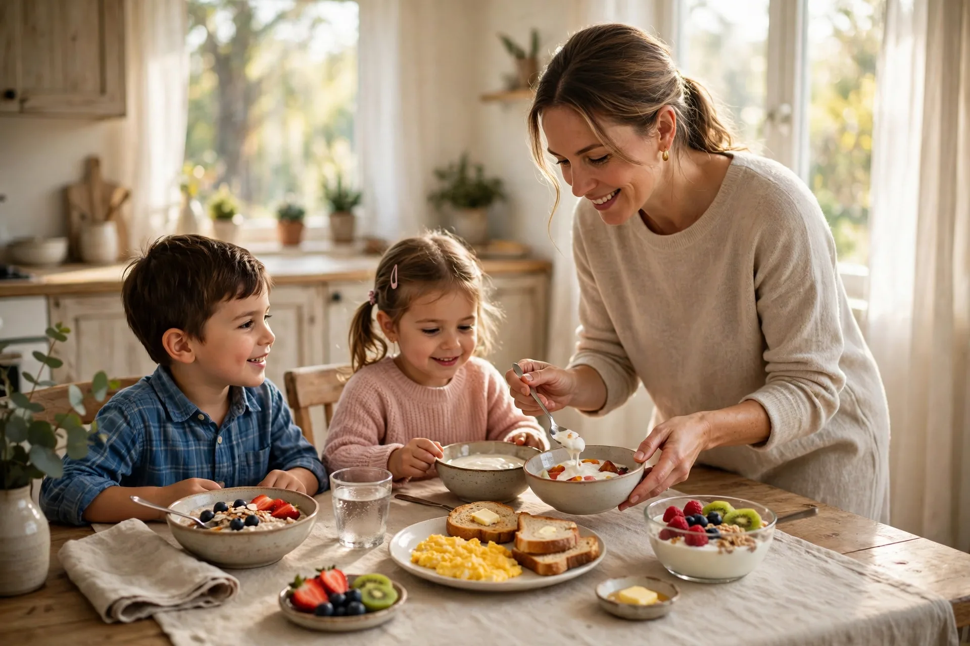 A simple breakfast table with bowls of oatmeal, eggs and toast, and yogurt with fruit