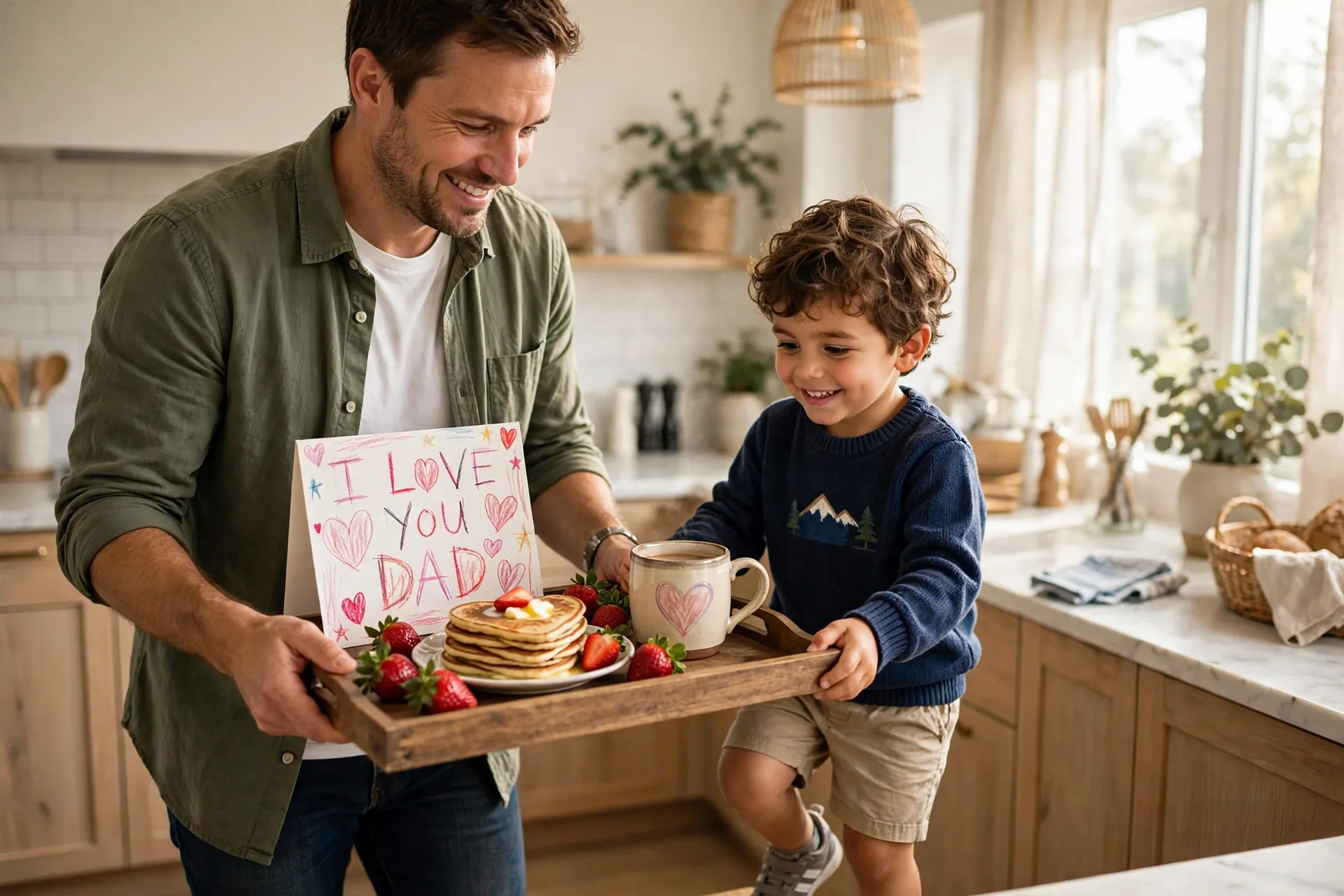 Dad and a proud 4-year-old carrying a breakfast tray with heart-shaped pancakes, strawberries and a handmade card