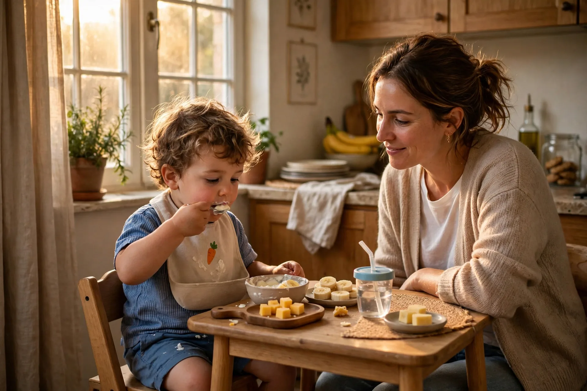 A toddler eating yogurt, cheese and banana at a small table for an afternoon snack