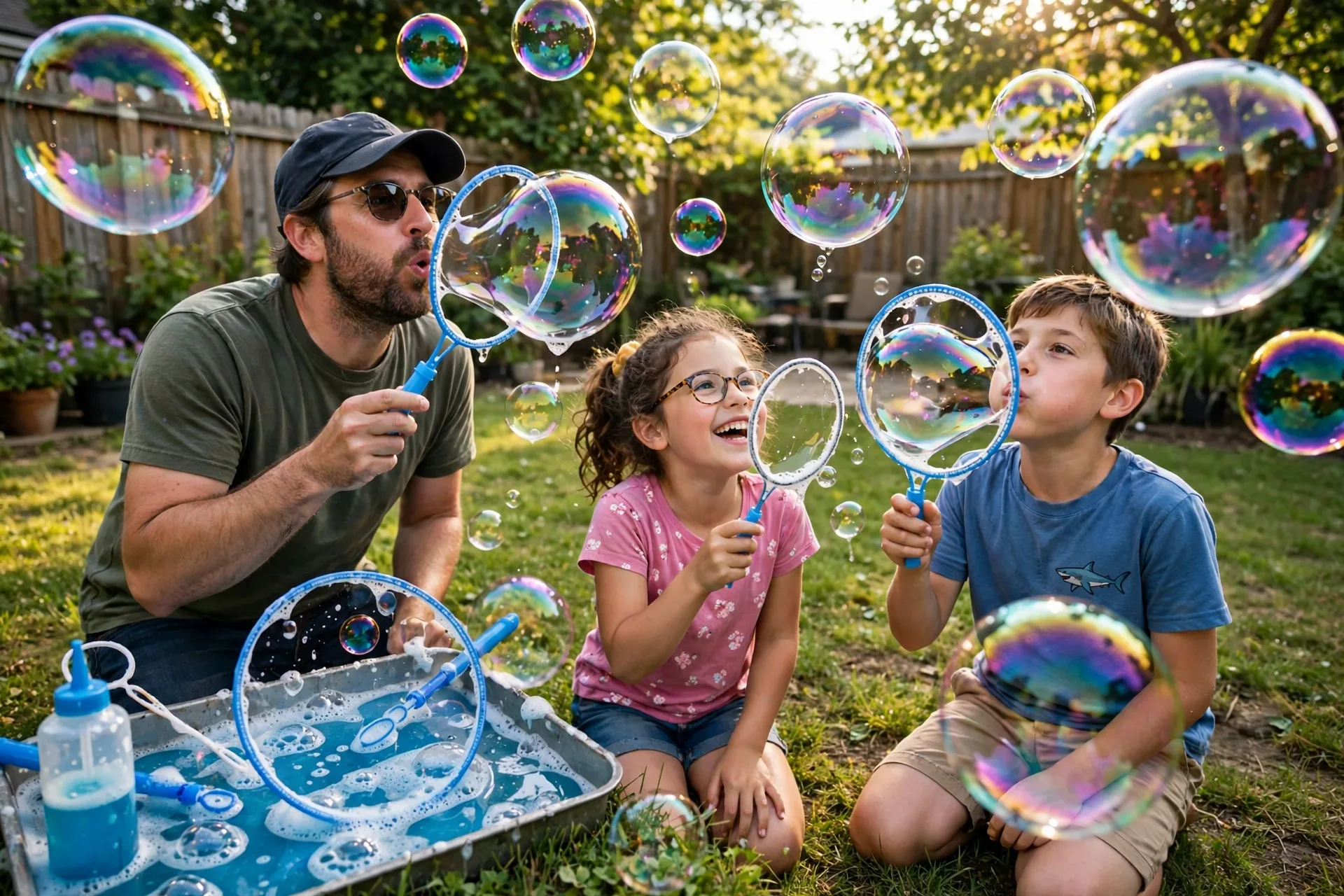 A dad and two kids blowing giant soap bubbles in a backyard, iridescent bubbles in the sun