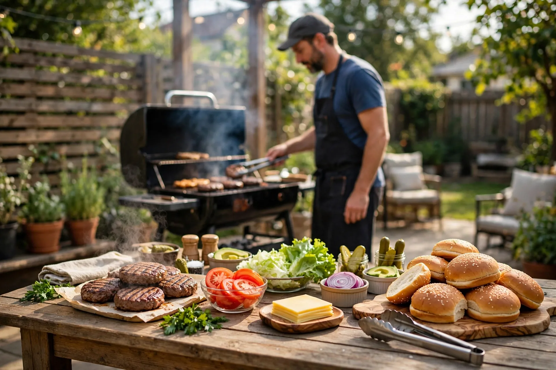 A backyard burger bar with patties, buns, and toppings laid out on a wooden table, Dad grilling