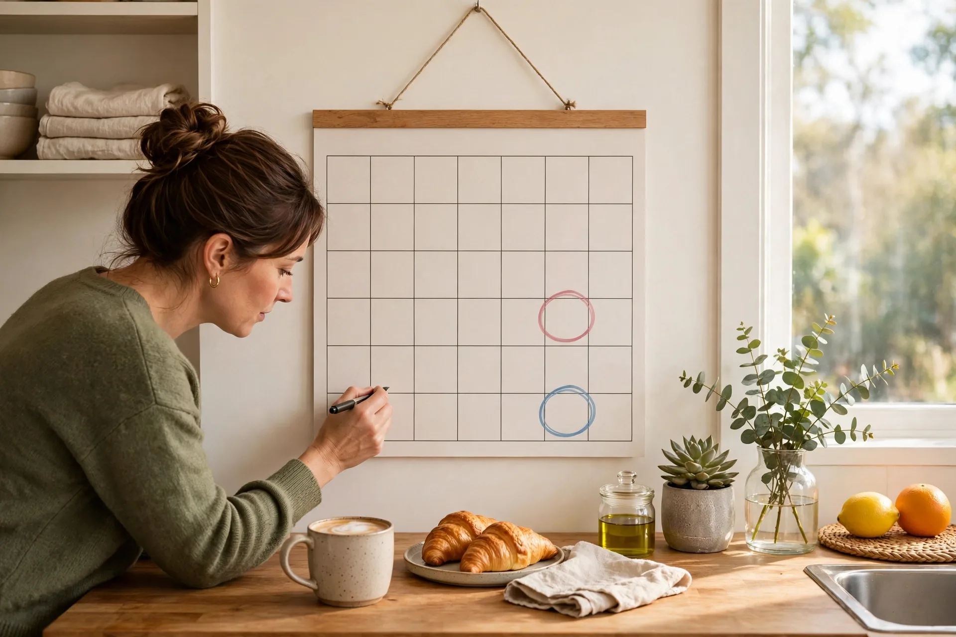 A family wall calendar with one evening circled for mom and one for mom and dad