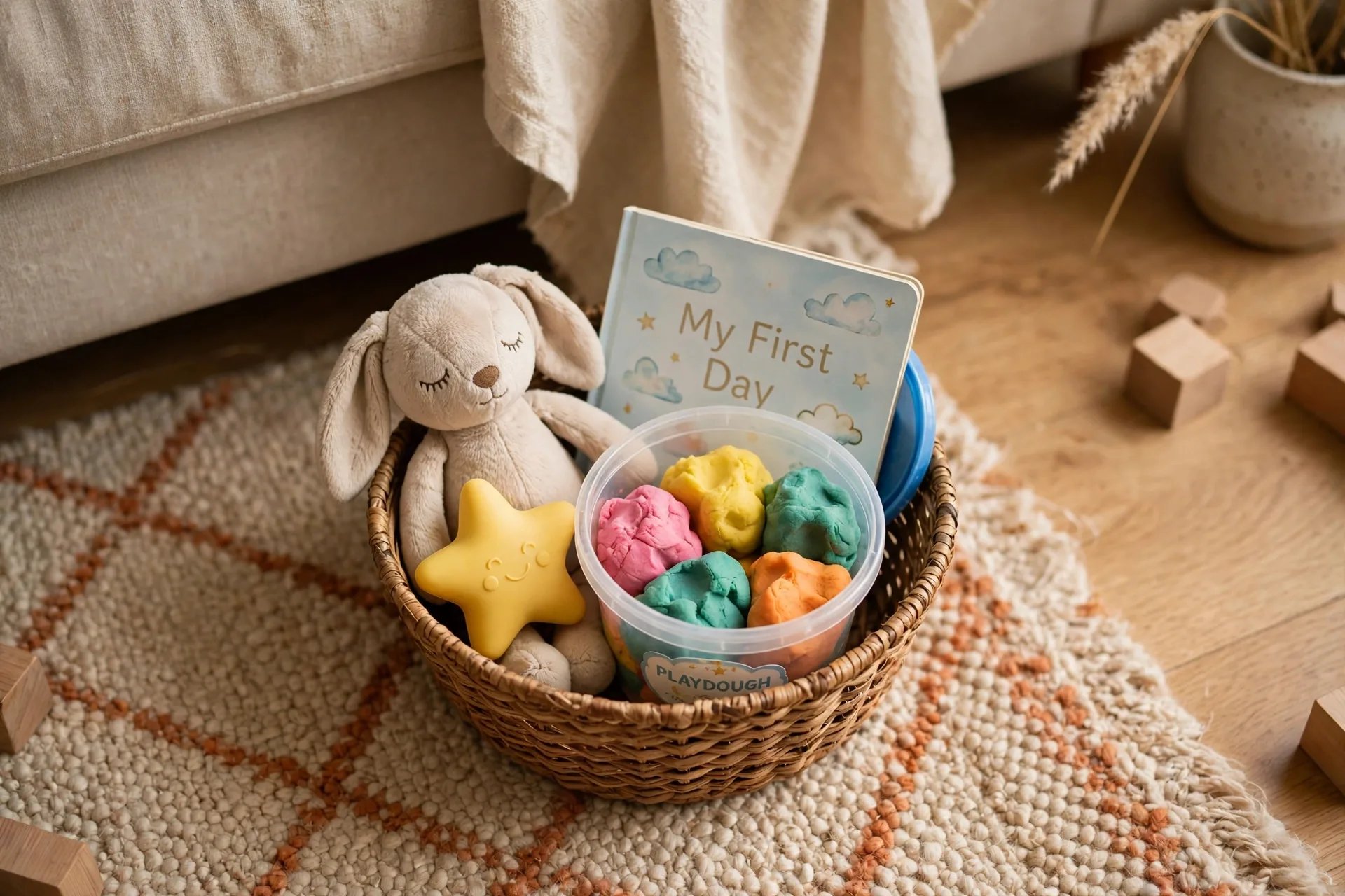 A woven calm-down basket with a stuffed animal, board book, squeeze toy and playdough