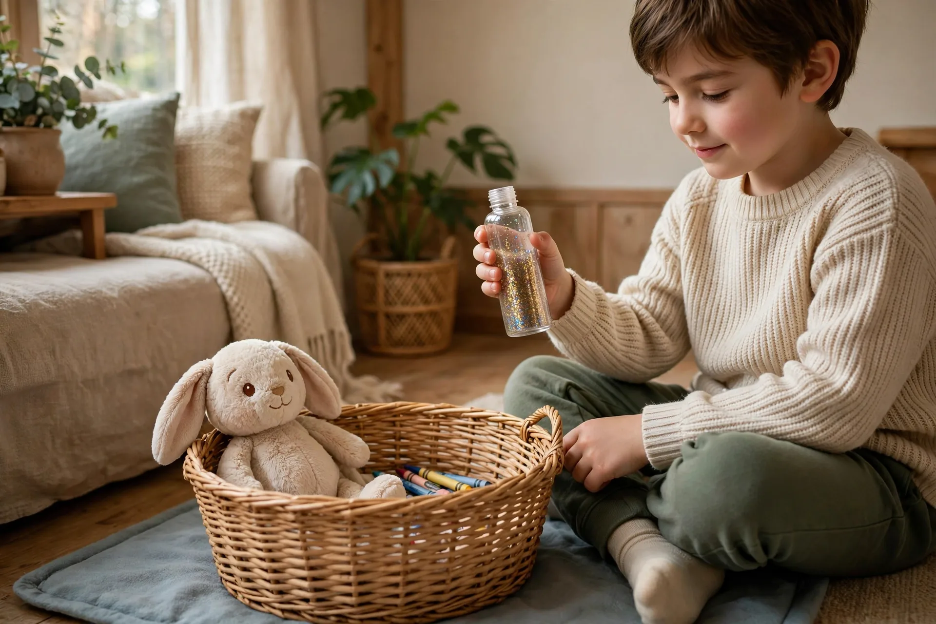 A calm-down kit in a basket with a soft toy, a glitter bottle and a few crayons