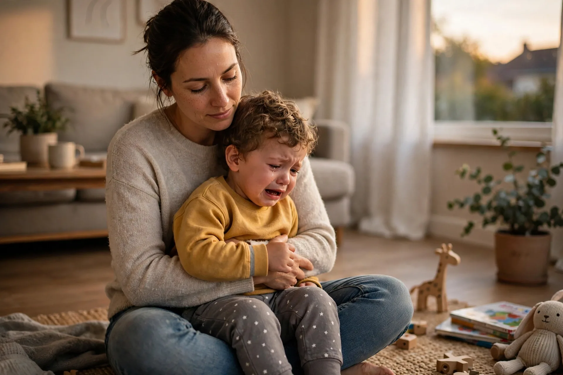 Mom holding her crying toddler calmly on her lap on the living room floor