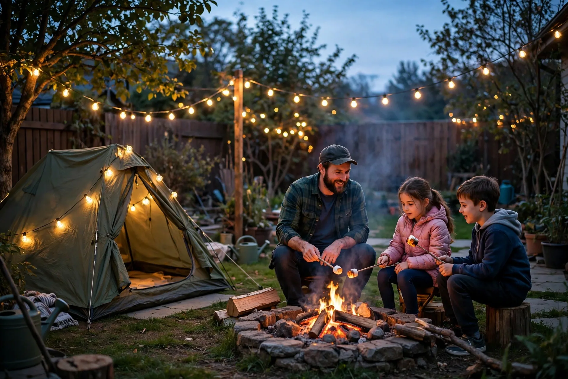A backyard tent with string lights glowing at dusk, Dad and kids roasting marshmallows