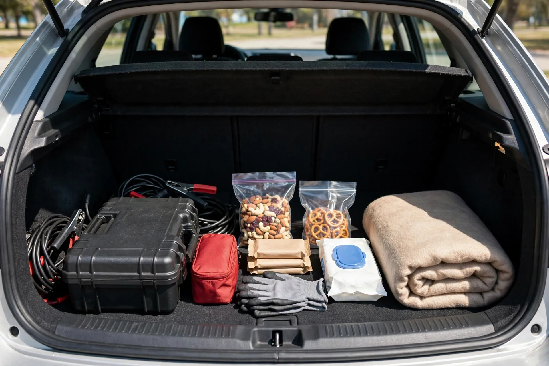 An open car trunk with a car kit, a small first aid bag, snacks, wipes and a spare blanket