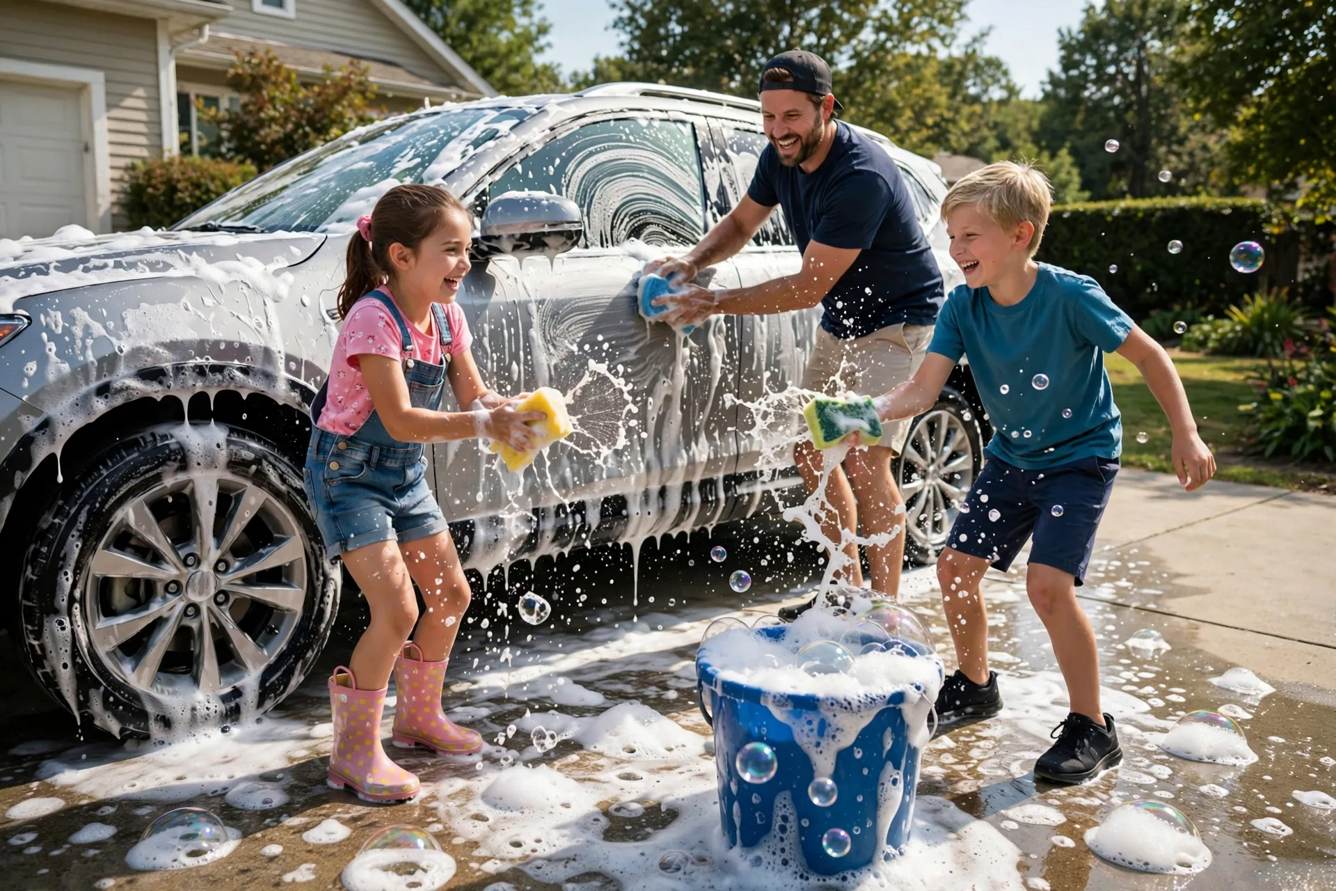 A dad and two kids washing a car in a driveway with sponges and a bucket of soapy water