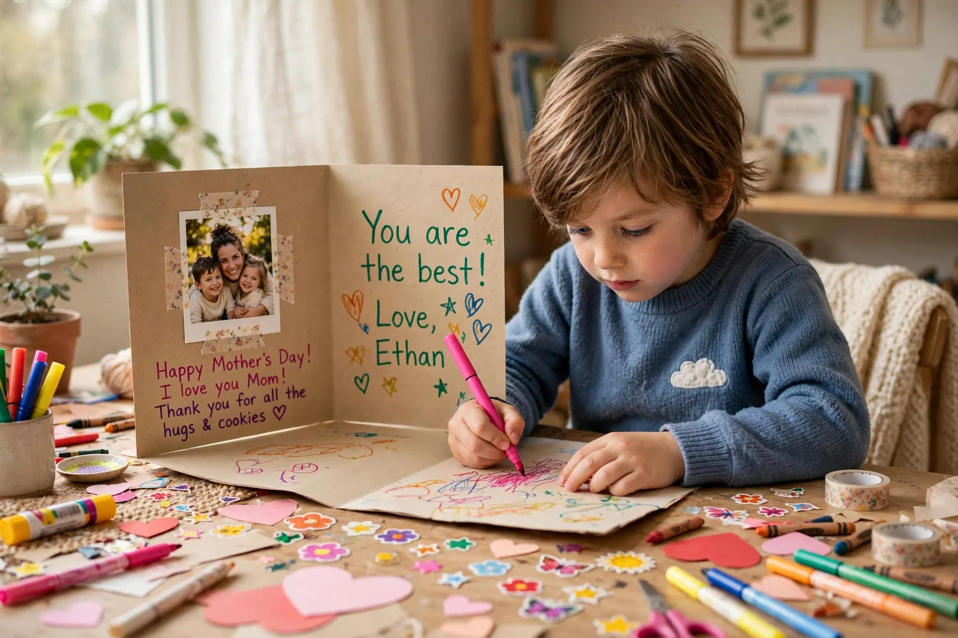 School-age child writing in a big homemade Mothers Day card with colorful markers, a family photo taped inside