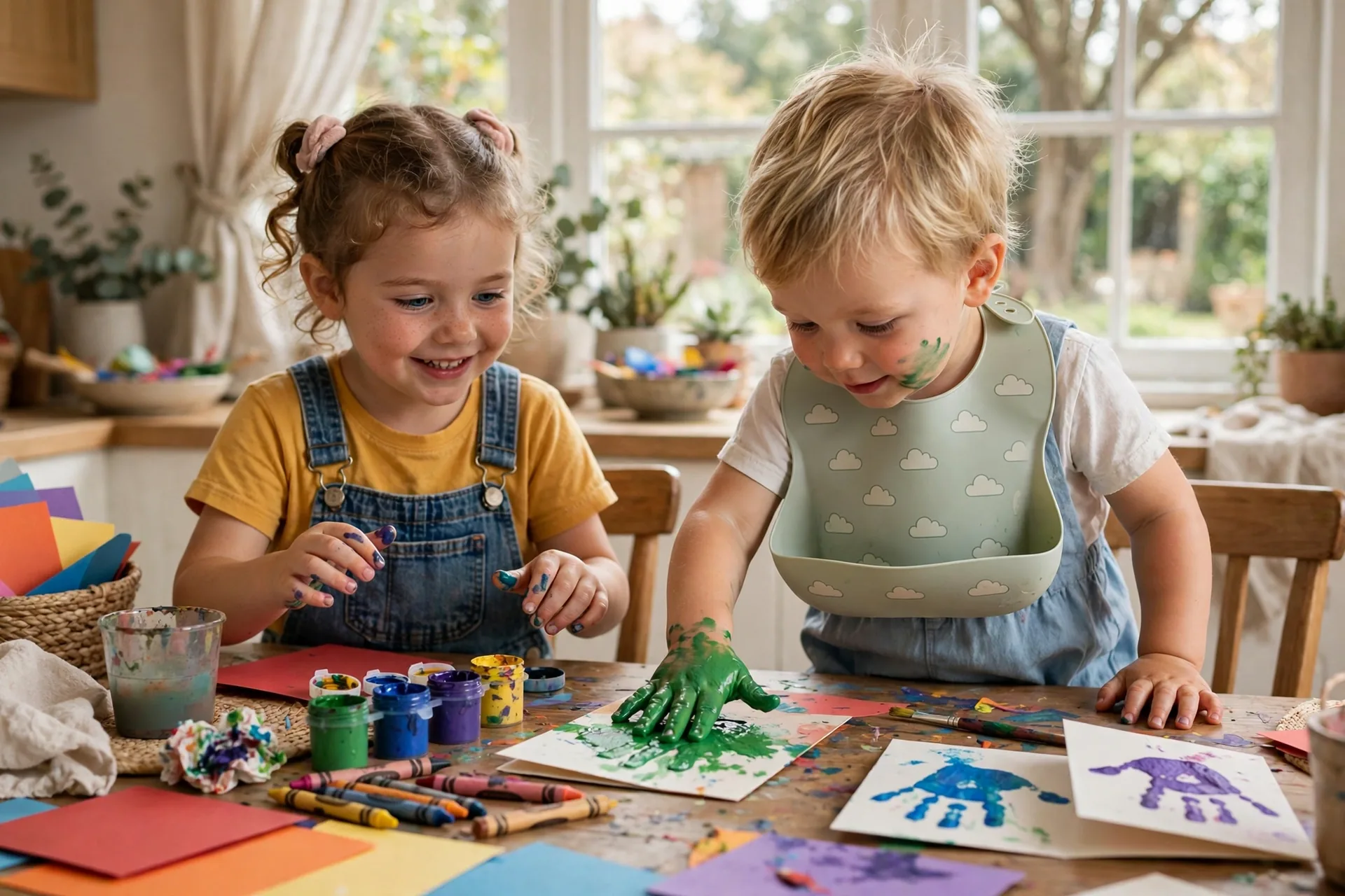 Two young kids making handprint Fathers Day cards with washable paint and construction paper at a kitchen table