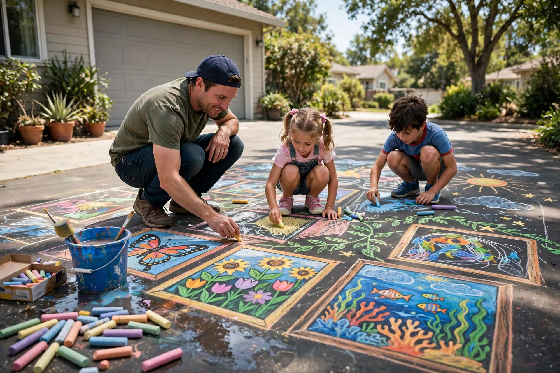 A dad and two kids drawing a big colorful chalk art gallery on a driveway