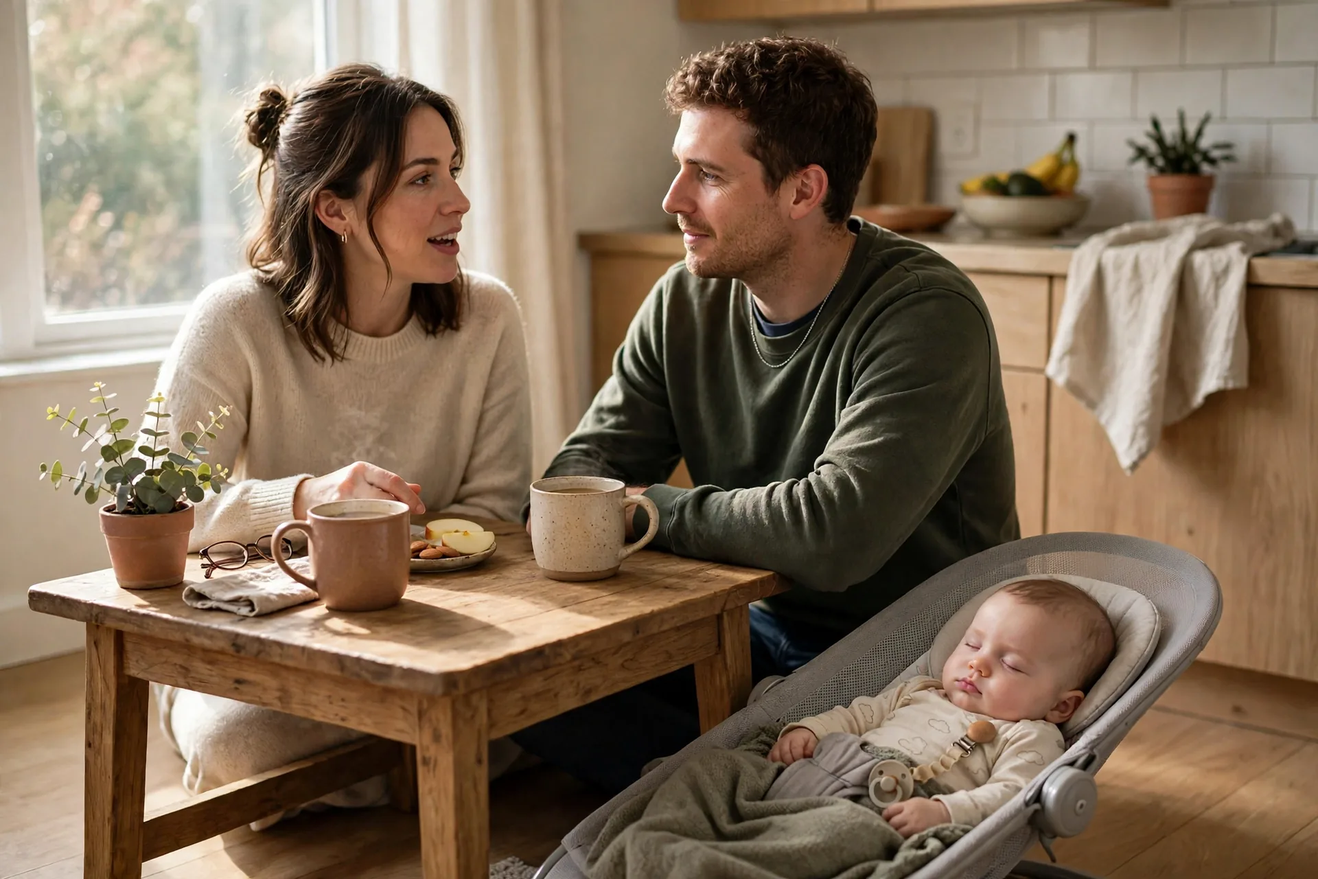 Couple talking over coffee at a small kitchen table while their baby sleeps in a bouncer beside them