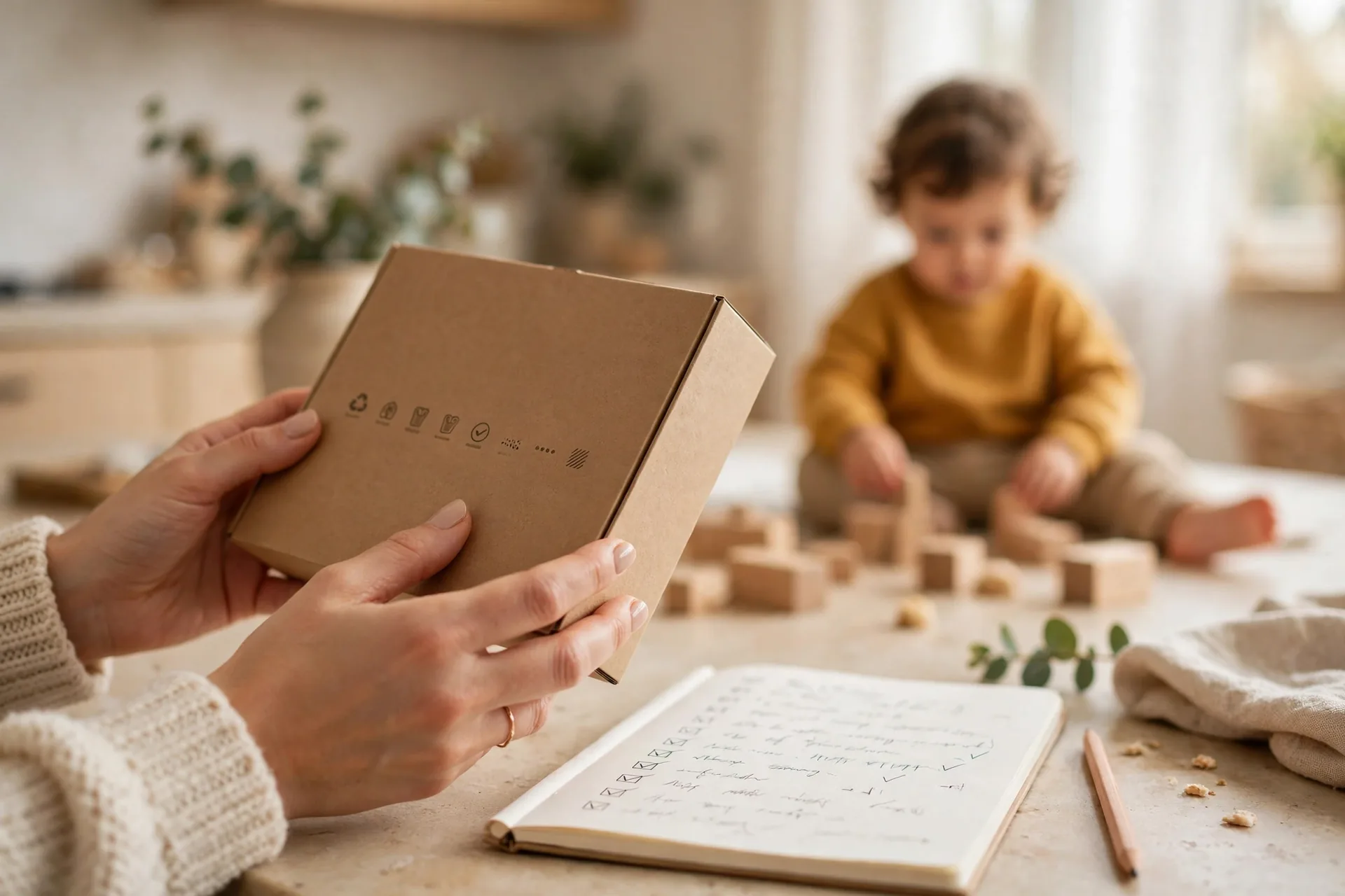 Mom reading a product label closely with a checklist notebook beside her